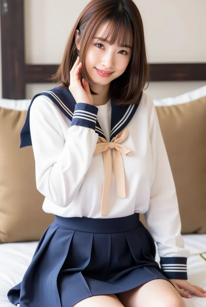 (Top image quality、8K、masterpiece:1.3))、Realistic high-quality photos、top-quality、girl cute-fine face、13 years old beautiful Japan girl、Photo of slim little girl model、Beautiful girl model、young japanese girl、Young cute face、japanaese girl、13-year-old female model、Beautiful Model Girl、The innocent look of the girl next door、lovely delicate face、Brown hair、Beautiful brown eyes、Tear bag、drooing eyes、young body、Sailor Uniform,Lift the skirt to expose the panties,Best Smile、pantyshot、