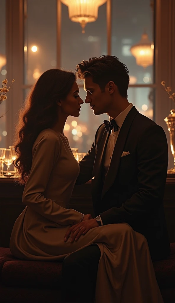 (best quality,4k,8k,highres,masterpiece:1.2),ultra-detailed,(realistic,photorealistic,photo-realistic:1.37), romantic scene, blonde woman passionately kissing brown-haired man, intimate ambience, candlelight, sensual moment, tender embrace, after dinner, cozy living room, elegant furniture, dimly lit, warm colors, soft music playing, loving gaze, affectionate touch, emotional connection, desire in their eyes, delicate features, beautiful detailed lips, alluring expression, tousled hair, gentle caress, provocative pose, charming smiles, passionate energy, relaxation, physical attraction, attractive attire, revealing outfits.