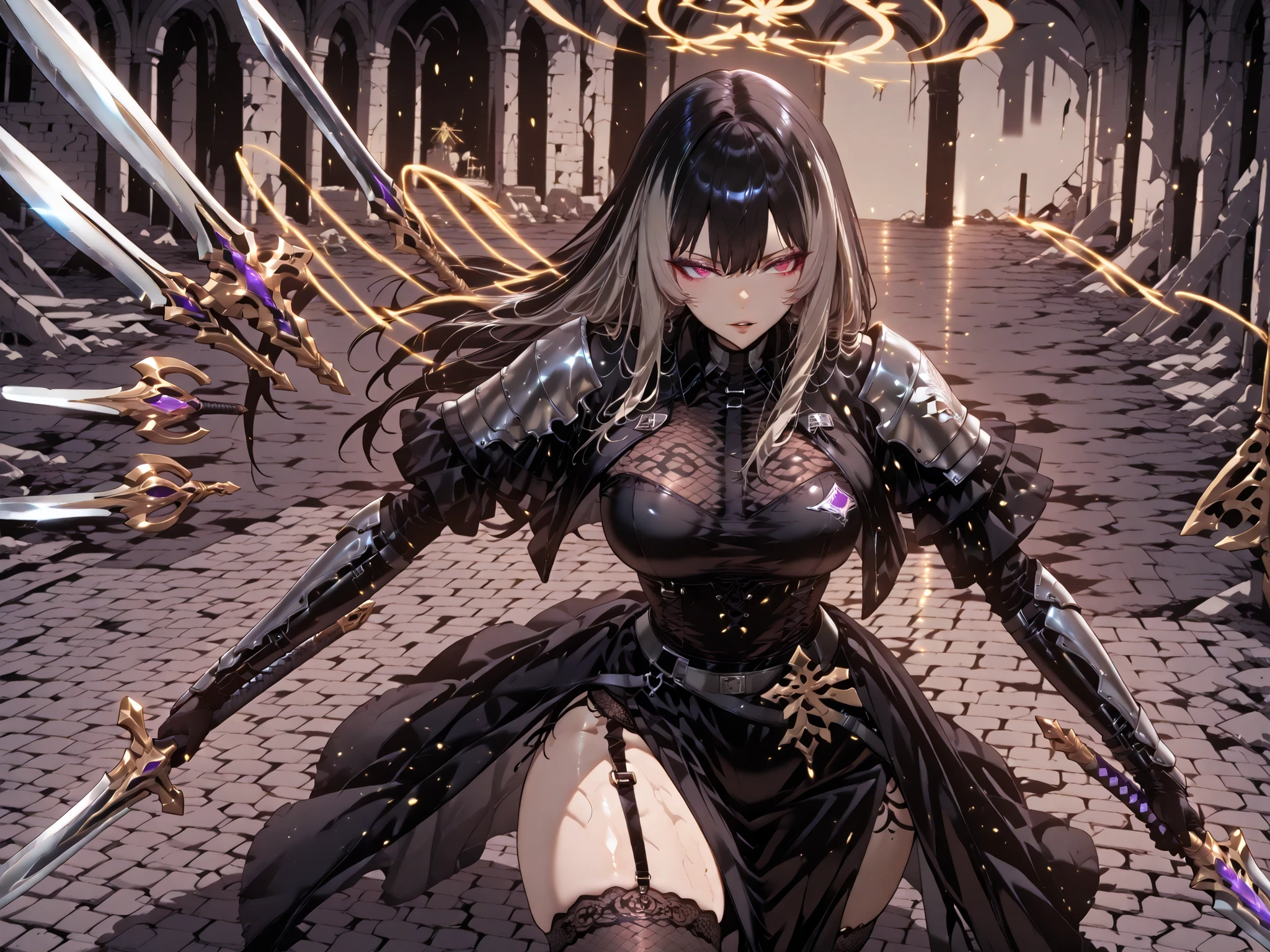 taken from above、Ball of Light、雷magic、caveの中、Ruins、black suit、black longsuit、 black long jacket、ゴスロリなshirt、Depressed、Tall Woman、A woman in her thirties、 Alassah's woman、Steins;Gate、 black longsuit 、score_9, score_8_up, score_7_up, Source_anime,masterpiece、No expression、no makeup、top quality,Beautifully Detailed Eyes, Exquisite Eyes、A sophisticated eye、highly detailed eyes and faces,unmotivated expression、lethargic face、 long breasts, Black Jacketを羽織る、Black Jacket、shirt, big saggy breasts, shockingly big breasts, big breasts,big boobs、boobs 、Zitoida, makeup、no makeup、long hair、smooth straight hair、tall woman、Tall Woman、plump thighs, parted lips、 shining eyes,(Fire Aura Onkown),dungeon内、Crimson Eyes、long hair、dark haired、黒い髪、long straight hair、dungeon、cave、Ruins、solo、soloプレイヤー、Wide ass、beautiful butt、sticks your butt to the focus of your butt、long boots、Shoulder Armor、Fearless Laugh、strong、Is confident、black tight skirt with tarai in hand、Black Garter Belt、black tights、long tight skirt、Dynamic、Satu、fight、Satu狂、俺だけレベルupな件、arrogant、 Confidence々The smile 、bewitching smile、Sadist、Satu中、hunting、hunting、intimidating、magic使い、magic、magic、、Pearl of Light、Light Ball、magicの玉、plasma、plasma球、Glowing sphere、Made with Infinite Sword、Floating weapon , multiple weapons , growing , Battle Axe , halberd、A weapon that floats in the sky、angle from above falling from head、右taken from above