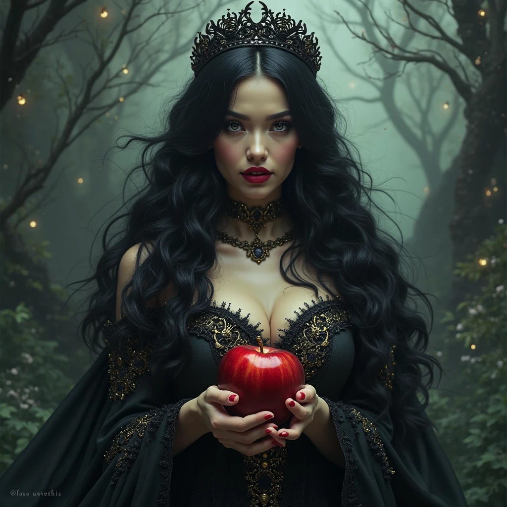 Girl,Black long hair,Black Queen,accessories,Apple in hand,Poison apples,Witch Queen,Red lipstick