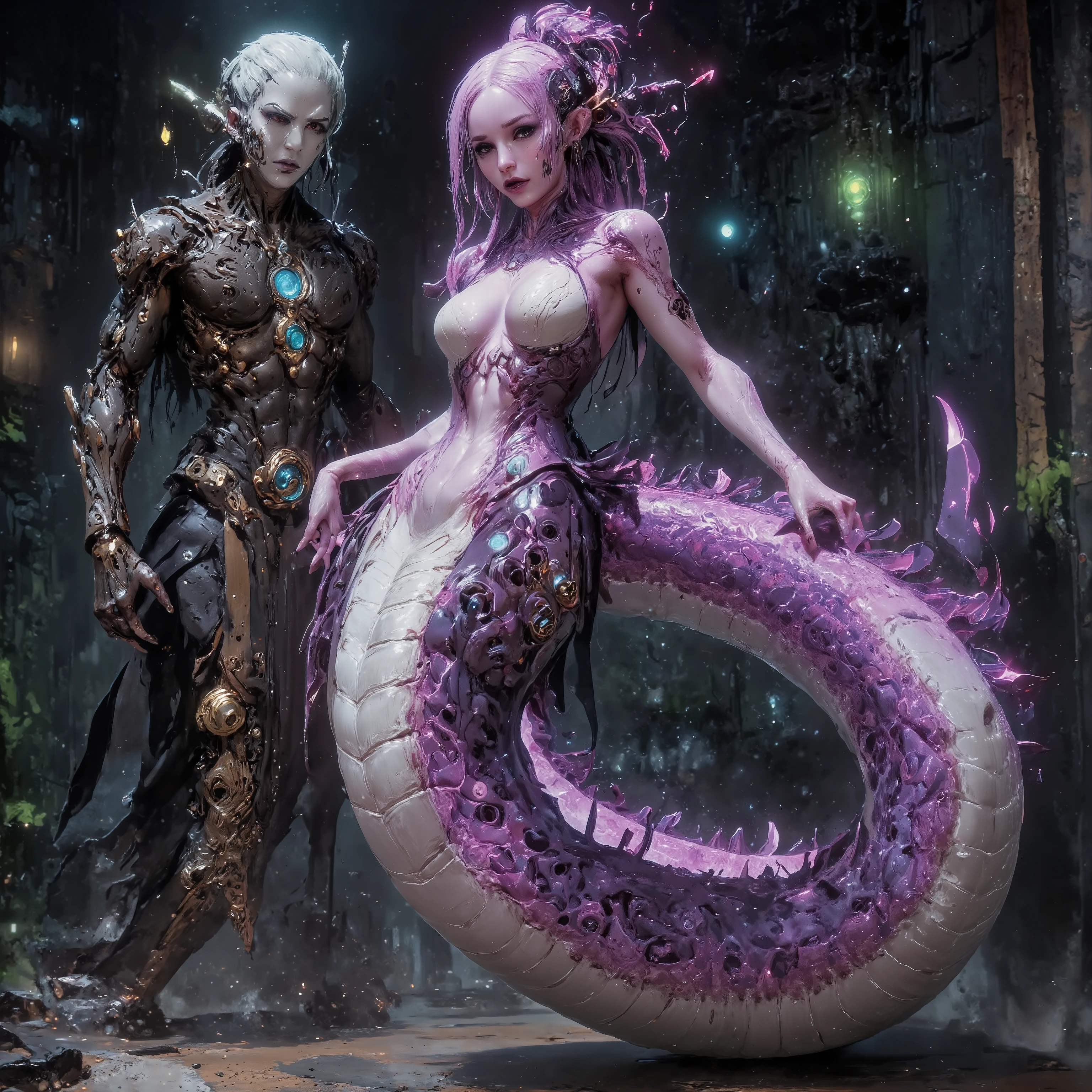 Secretary of the Gods
Lovely Naga (rose colored glasses, platinum blonde hair, muscular toned midriff, nice hips, long serpentine scaly body below the waist, magnesium white body paint, black makeup, violet eyes, simple rose colored blouse plunging neckline tied under breasts, long violet painted finger nails, body jewelry), she is wrapped around a marble pillar with a magical arhaic 1900s golden typewriter on the top. She is hurriedly taking drictation from a glowing being in the background. Godly office lounge with black leather furniture and ornate Asian themed trim