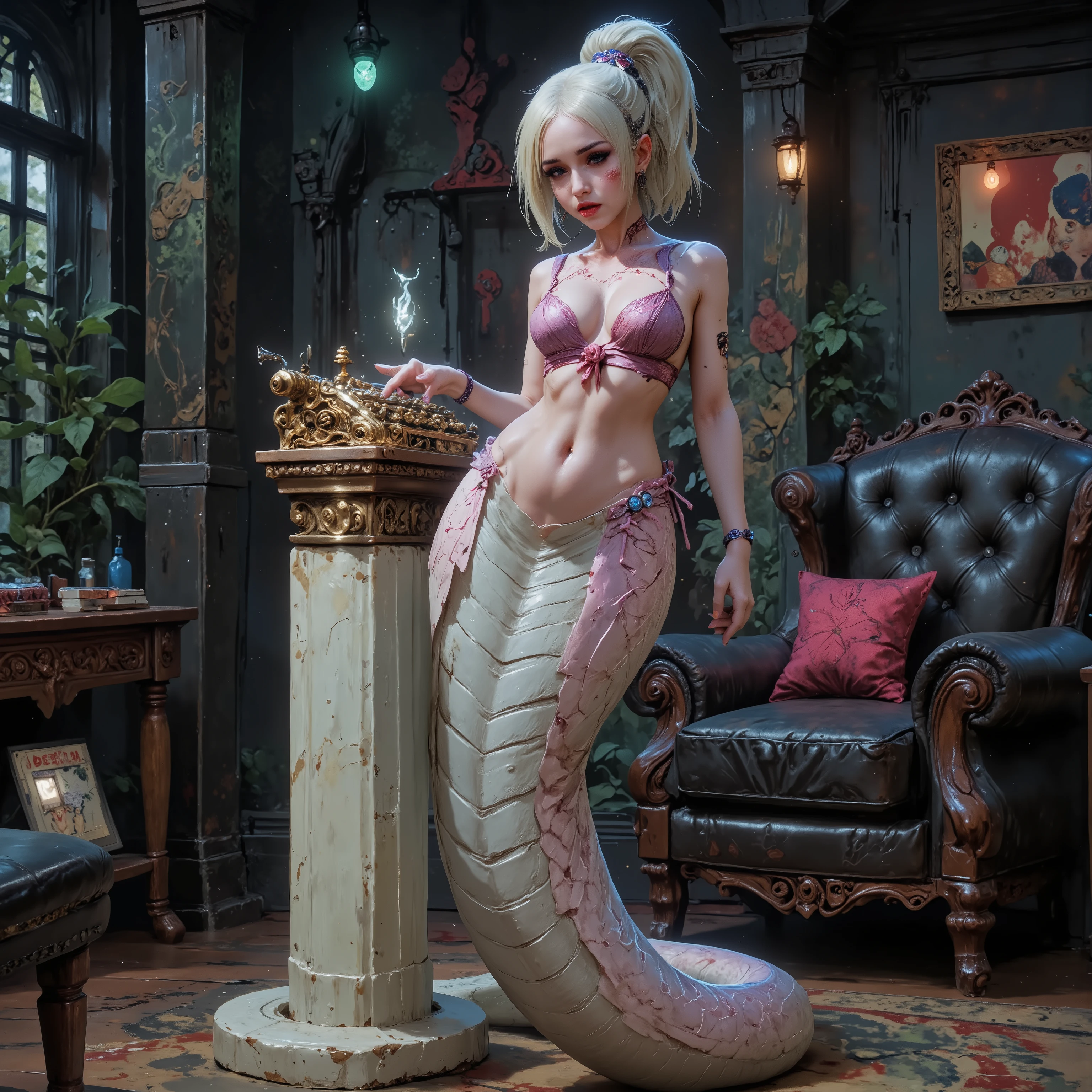 
Secretary of the Gods
Lovely Naga (rose colored glasses, platinum blonde hair, muscular toned midriff, nice hips, long serpentine scaly body below the waist, magnesium white body paint, black makeup, violet eyes, simple rose colored blouse plunging neckline tied under breasts, long violet painted finger nails, body jewelry), she is wrapped around a marble pillar with a magical arhaic 1900s golden typewriter on the top. She is hurriedly taking drictation from a glowing being in the background. Godly office lounge with black leather furniture and ornate Asian themed trim