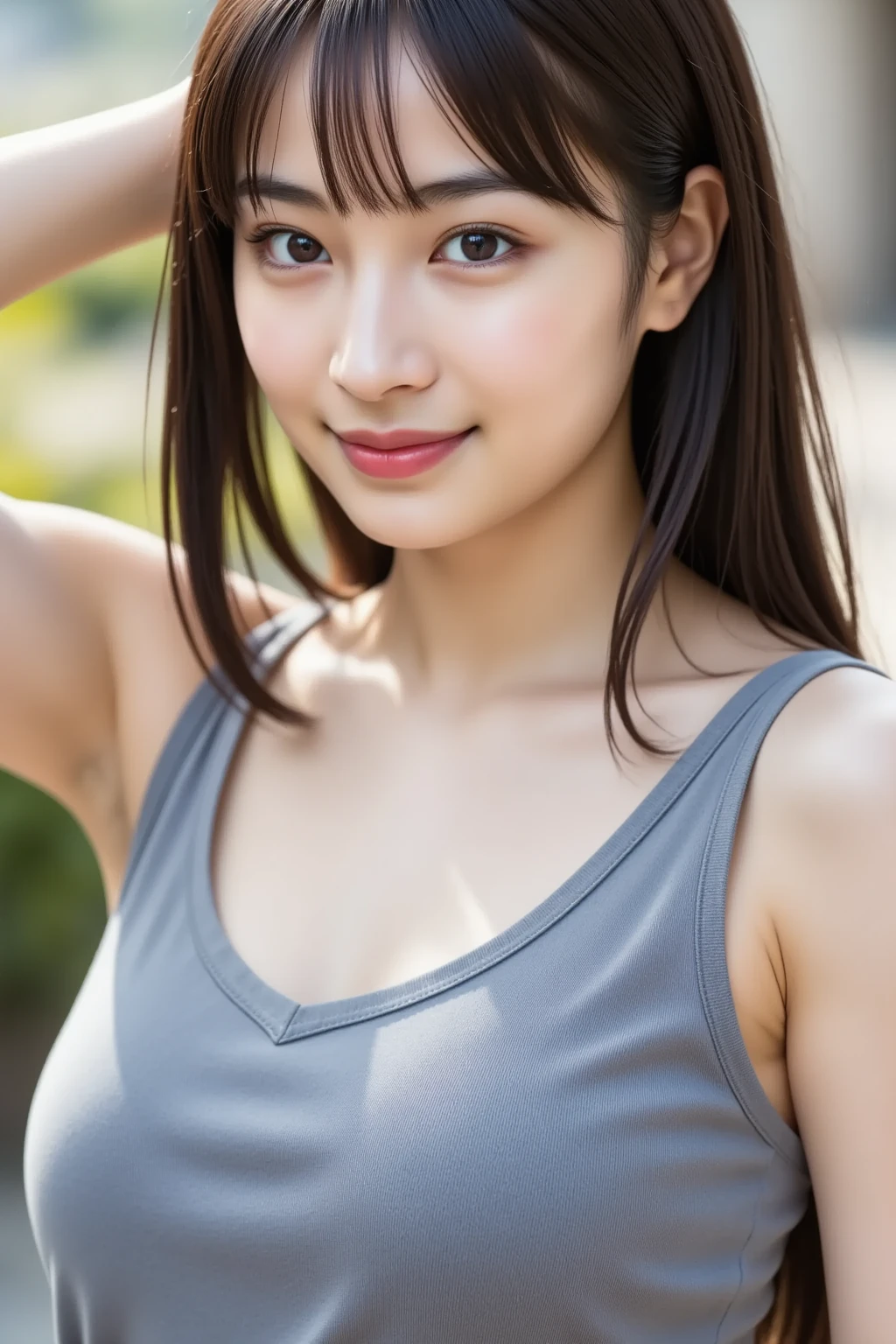 bokeh, masterpiece, analog photo, RAW, beautiful 1 girl, , Light brown long hair, Light brown beautiful eyes, Blushed face, (Japanese idol:1.5), small breast, , Looking at the viewer, cute smile, cowboy shot, sundown Street, no nsfw, standing up straight、(wearing grey swimwear), Slender body, her body is directed in the direction of the viewer, summer beach, cute panties,
