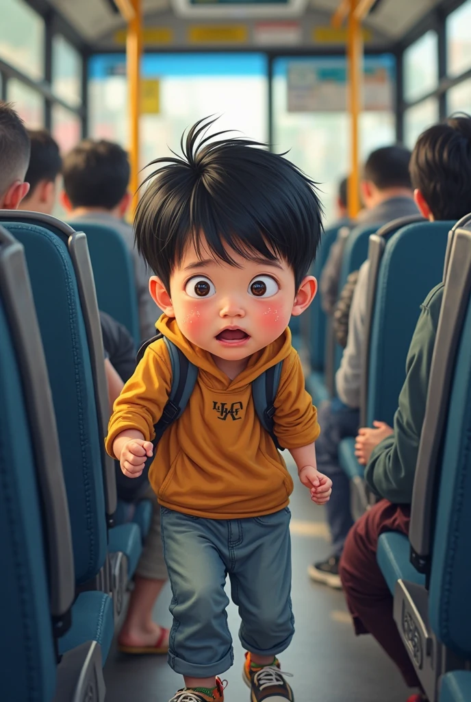 A thin twelve year old boy. He was nervous because of his first day in school. The boy is skinny and weak and bad at sports, he is a coward, introvert. The background should be of elevator