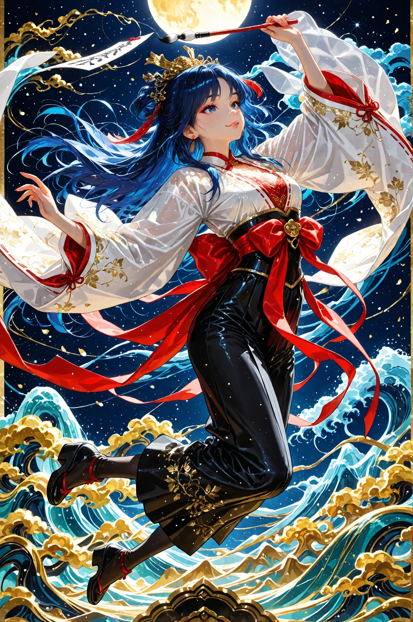 htr,br_art,天照大御god, Realistic Portraits, Portrait of an Expressive Woman with Calligraphy, Jumping, A work that makes it flow, The texture of the brush, Fluttering Scrolls, Gold Leaf Details, Delicate Embroidered Costumes, deep dark blue background, god秘的な照明, Use of Rare Natural Pigments, god々Strong presence, 4K Digital Art, Superb Pictorial Quality, Realistic and Rich Colors