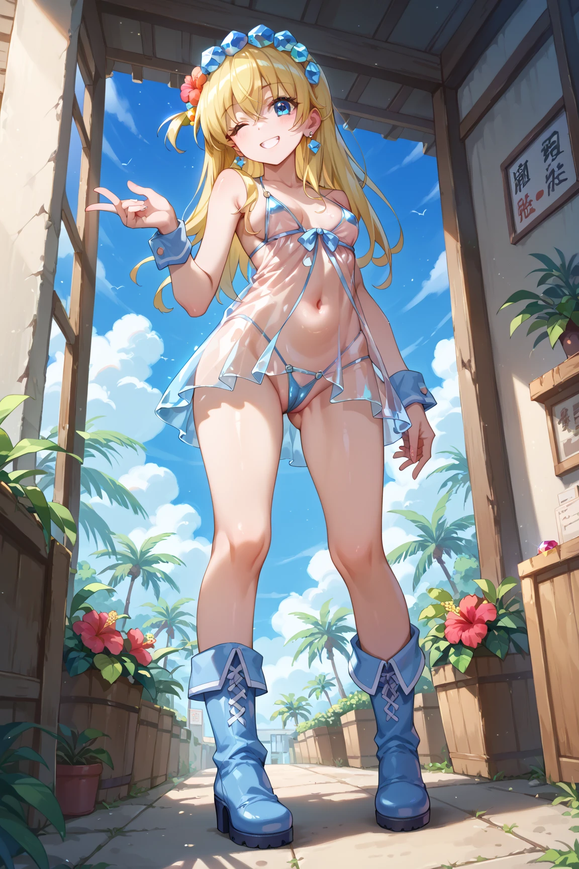 Blonde hair, blue eyes, Sexy, large breasts, angel wings, american flag bikini nipples, shower room, shower, smile