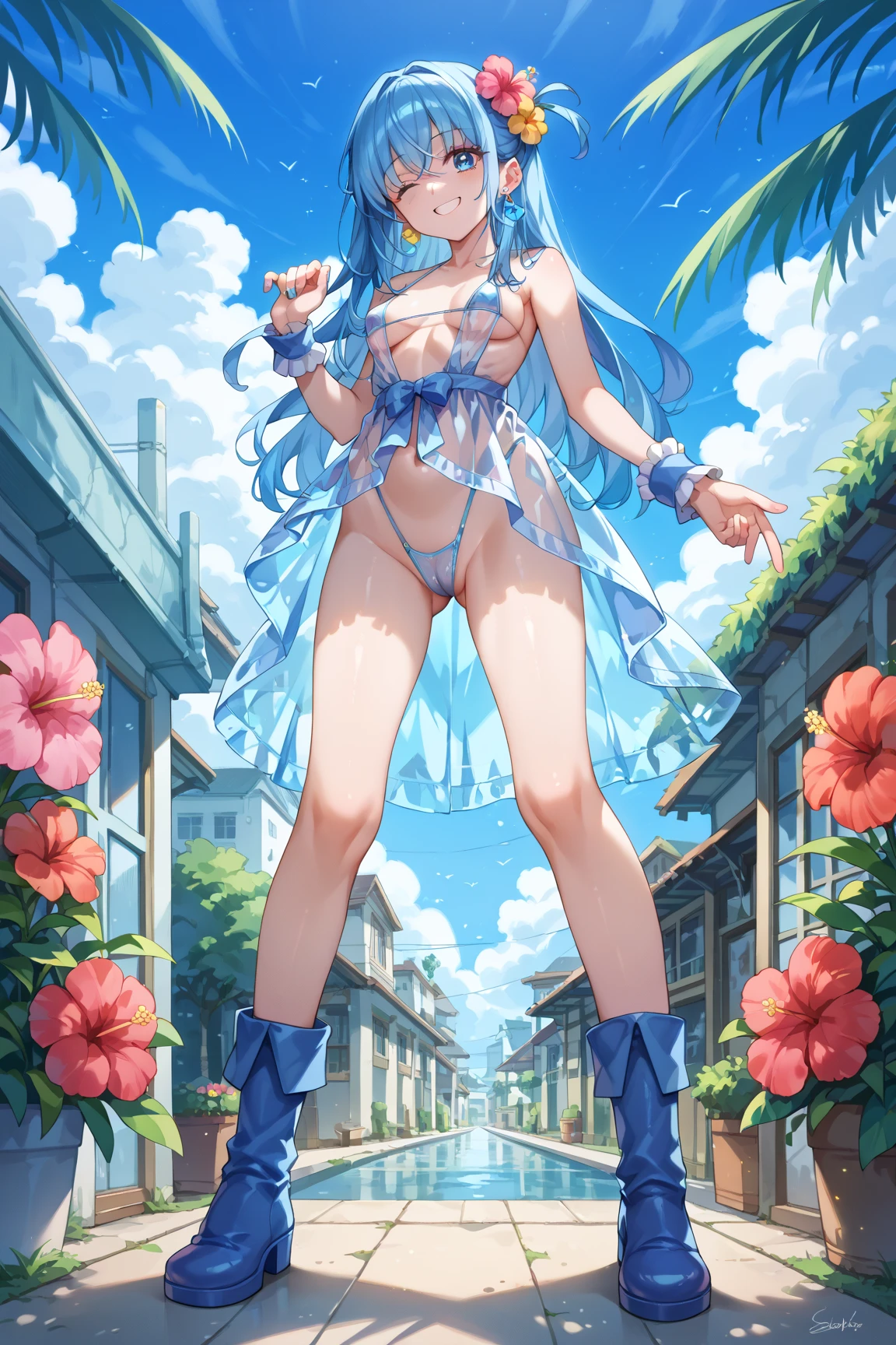 nsfw, ((masterpiece)),((highest quality)),amusement park,roller coaster,1 girl, big breasts, beautiful nipples, blue long hair, 1 boy, naked, sex, sunlight, inserted into genitals, smile, choker,