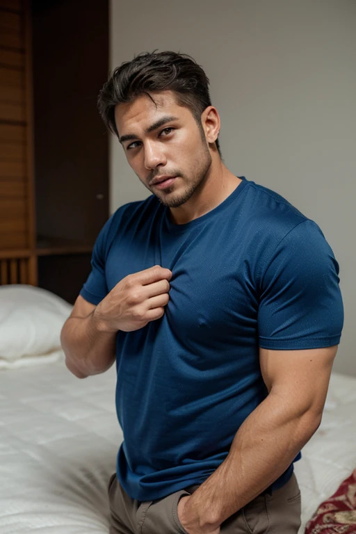 natural male、40 years old、Japanese male、very handsome、abs、Pectoral muscle、ck black underwear、PUMP blue briefs、body hair、full-length picture,sexy pose