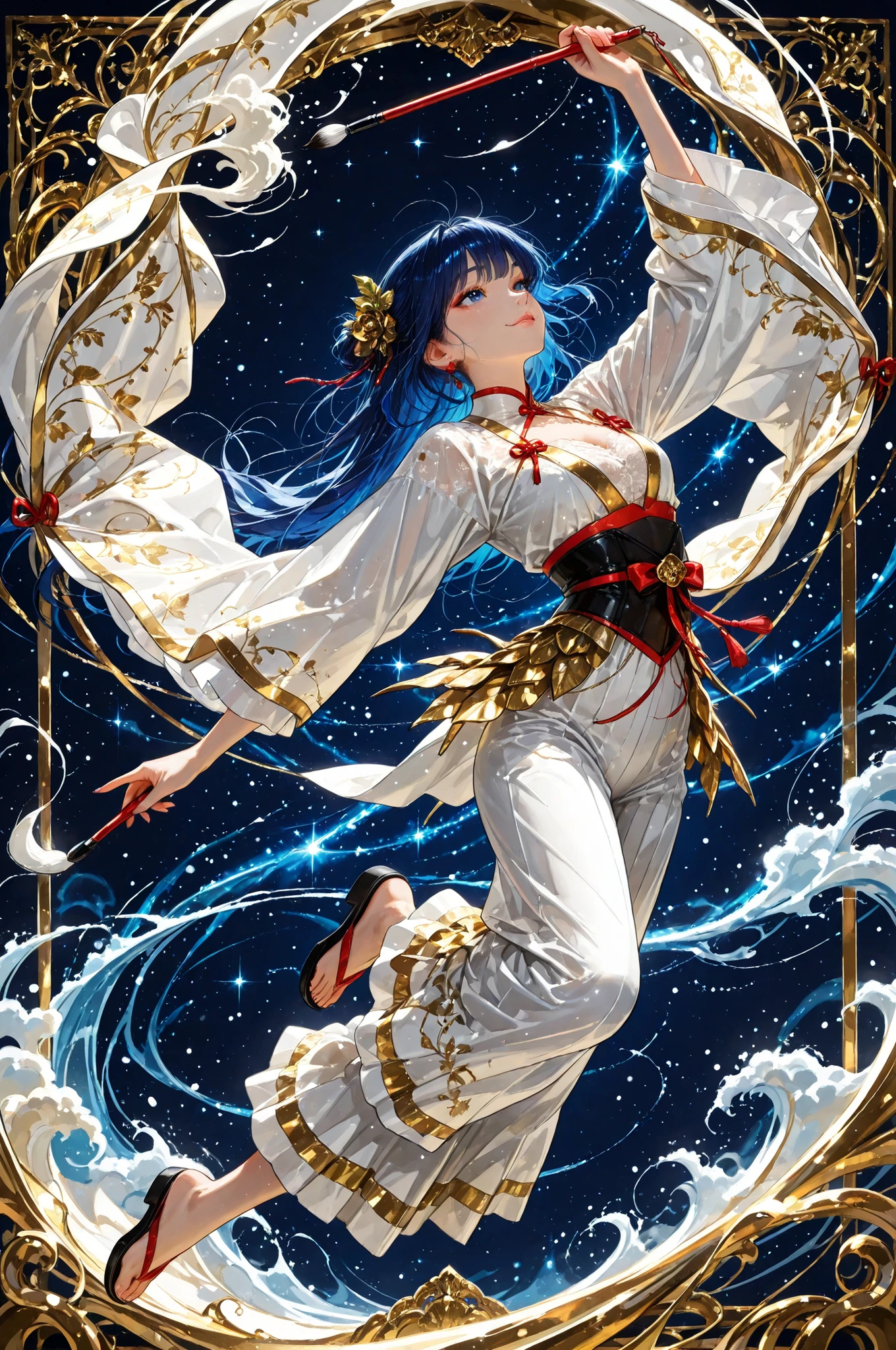 htr,br_art,天照大御god, Realistic Portraits, Portrait of an Expressive Woman with Calligraphy, Jumping, A work that makes it flow, The texture of the brush, Fluttering Scrolls, Gold Leaf Details, Delicate Embroidered Costumes, deep dark blue background, god秘的な照明, Use of Rare Natural Pigments, god々Strong presence, 4K Digital Art, Superb Pictorial Quality, Realistic and Rich Colors