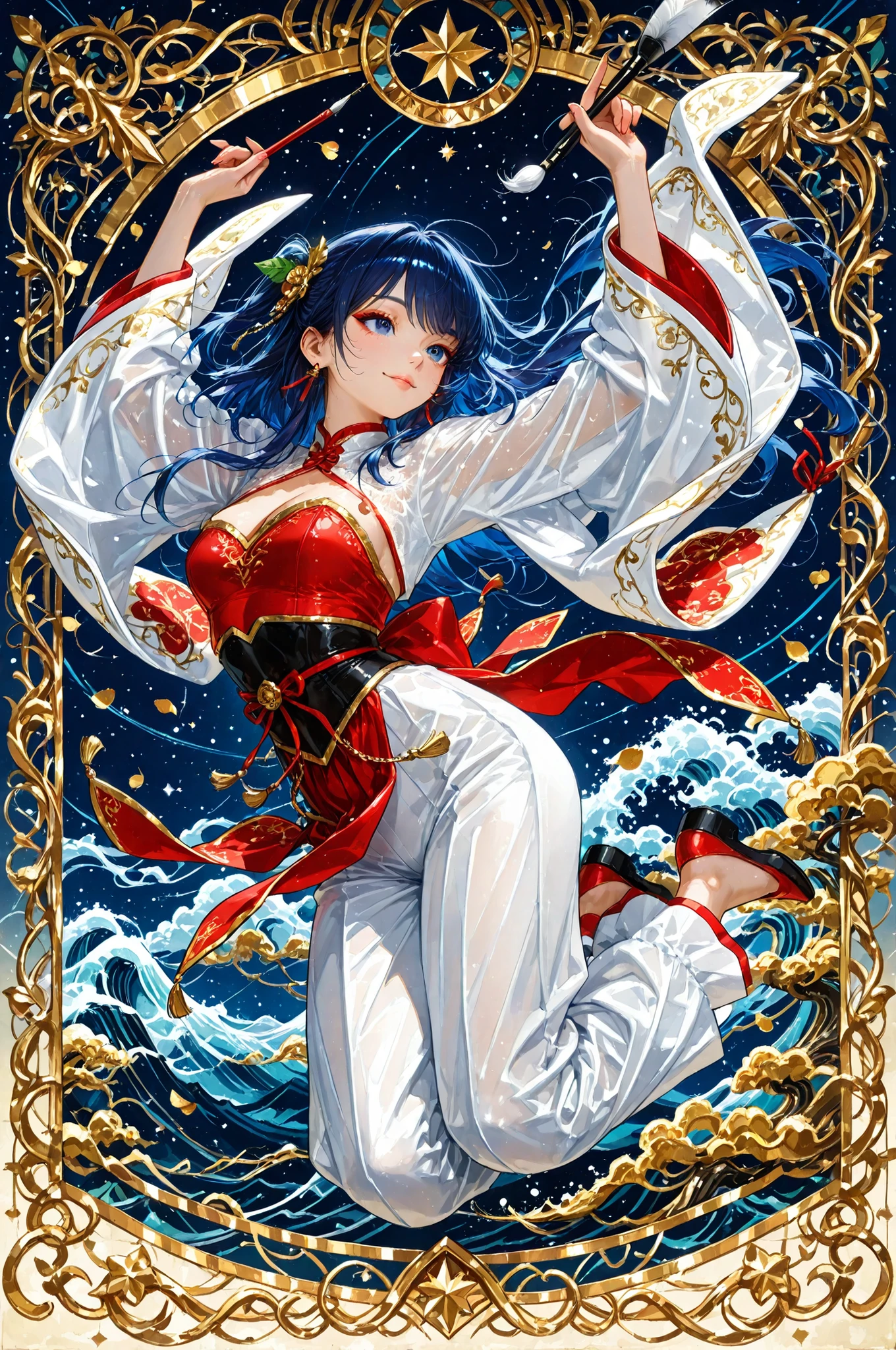 htr,br_art,天照大御god, Realistic Portraits, Portrait of an Expressive Woman with Calligraphy, Jumping, A work that makes it flow, The texture of the brush, Fluttering Scrolls, Gold Leaf Details, Delicate Embroidered Costumes, deep dark blue background, god秘的な照明, Use of Rare Natural Pigments, god々Strong presence, 4K Digital Art, Superb Pictorial Quality, Realistic and Rich Colors