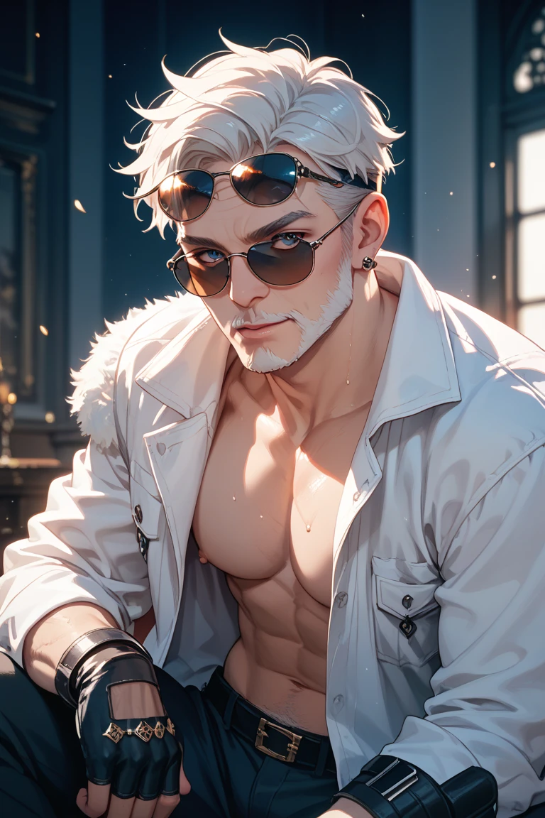 1boy, translucent gloves, big chest muscles, big bag, white cotton socks, half-reclining, CG sense, tight transparent underwear, (best quality, 4k, highres, photorealistic:1.37), ultra-detailed, professional, vivid colors, sharp focus, physically-based rendering, studio lighting