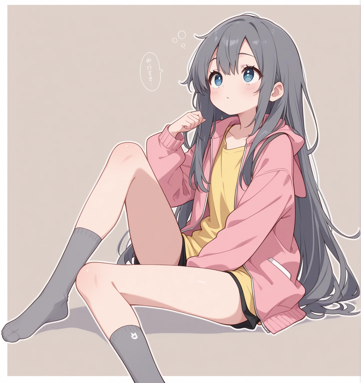 Loose grey hoodie,Small size spats,Gray Hair,long hair,blush,Blowjob,Show the whole picture,Slim beautiful legs,anime,Are standing,Grab your crotch with your hands,Mouth wide open
