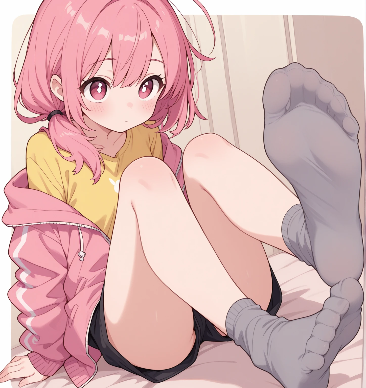 (One transcendent beautiful girl)、ultra-detailed、(8K, RAW photo, best quality, masterpiece:1.2), (extremely detailed 8K wallpaper),professional lighting,sharp focus, depth of field、(((Detailed and accurate face))),((head shot)),nfws,((Pink short bob、Fluffy curly hairy、Rainbow colored inner curl hair))、((Highest quality)), ((masterpiece)), (((A simple, baggy pink hoodie))),((Perfect Face、Beautiful Eyes)),((((Leaning forward、The gesture of pulling down tights with both hands))))、((Blushing)),(((Embarrassing)))、(An apartment room、Bed in the back)