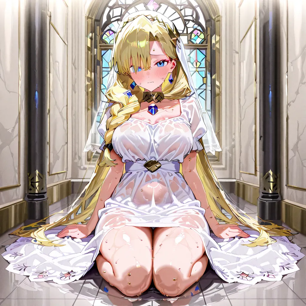 masterpiece, highest quality、1. A woman with beautiful eyeint, blue eyes, braid、long blonde hair、hair between eyes)、((big breasts、huge breasts、big areola、erect nipples))、 (((((Full naked、nudist)))))、 (((pubic hair、hairy、pubic hair、pubic hair)))、laughing、Dorsiflexion、（Curl your toes）、feet, dorsiflexion、