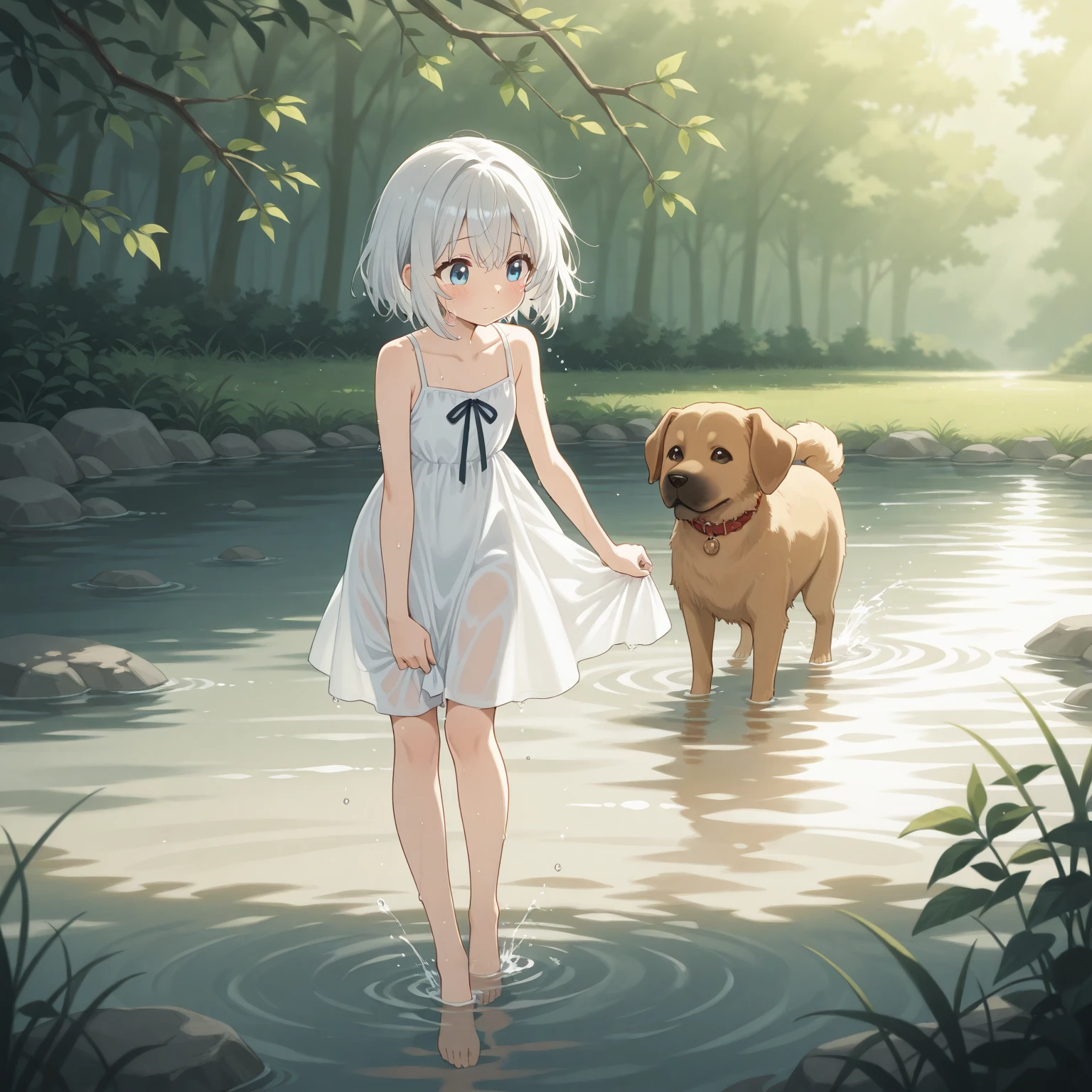 ((Masterpiece)), 8K, portrait photograph, cinematic lighting, very messy hair,(standing on Pond in the garden), (slightly exposed nipples, tattered and torn dirty white-camisole, Slender small breasts, smile and open big mouth), slum townscape, Textured skin, cat ears, pale brown hair, Cute Beautiful girl