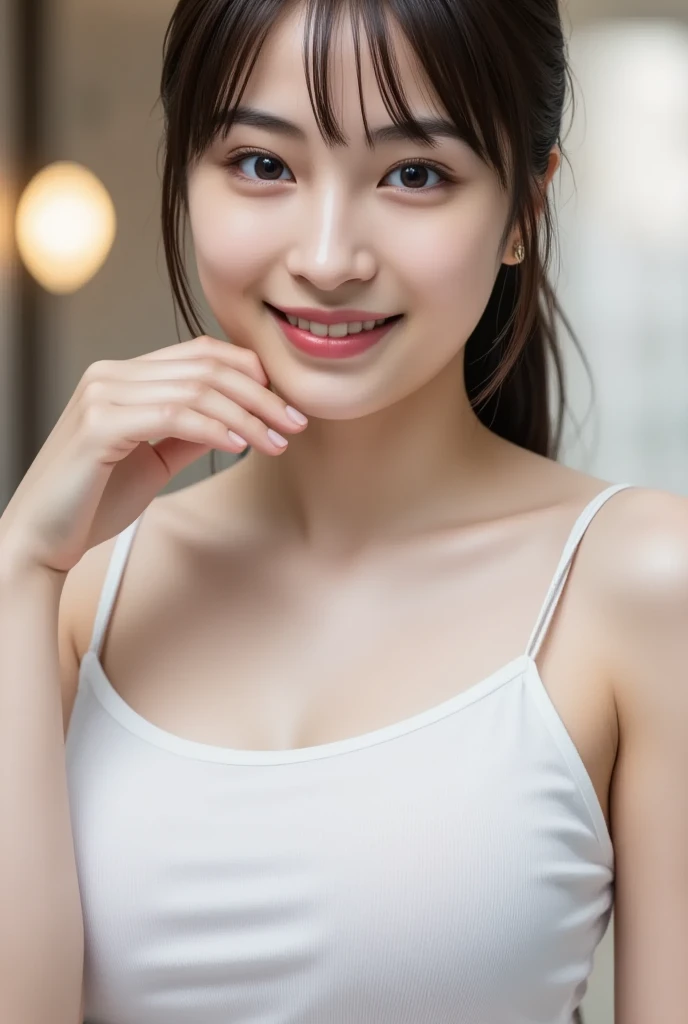 One girl, (Masterpiece), (Realistic), (Ultra fine), (beautiful), White background, Professional Lighting, (highest quality, 128,masterpiece), とてもbeautifulLong face顔, Japanese Model, Big Breasts, clavicle, Ultra HD, (Photorealistic:1.1), RAW Photo, White Wall, Big eyes, Black brown hair,Standing,Standing全身, Smile, Full body photo, Long face,