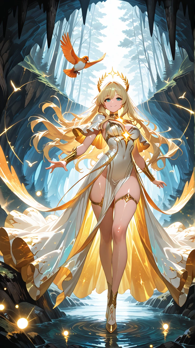 arafed woman in a white bikini and gold crown standing in a tunnel, cinematic goddess body shot, goddess of light, the sailor galaxia. beautiful, celestial goddess, a beautiful fantasy empress, golden goddess, as the goddess of the sun, goddess of the sun, cinematic goddess shot, golden goddess athena, full body cgsociety, angelic golden armor
