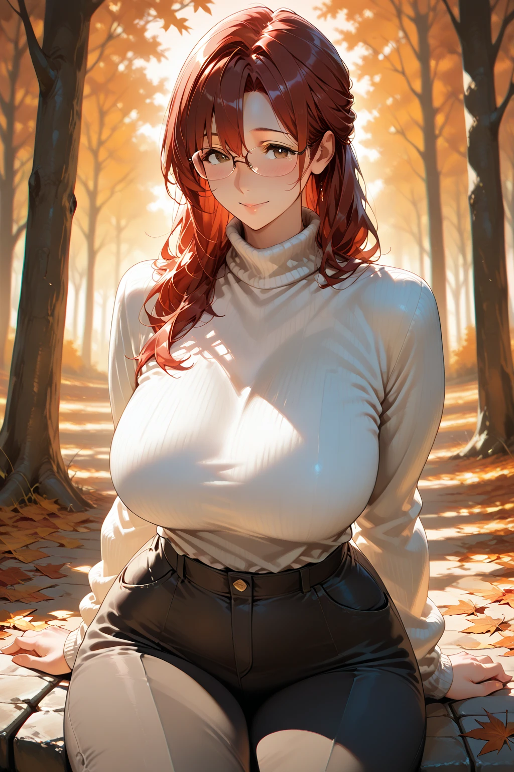 swept bangs, woolly turtleneck sweater, skirt, short sleeves, earrings, black eyes, arisugawa natsuha, turtleneck, sweater, breasts, jewelry, cowboy shot, 1girl, red hair, large breasts, tree, outdoors, from side, solo, adjusting clothes, long hair <lora:idolmaster_sc_arisugawa-10:0.8> orange hair,