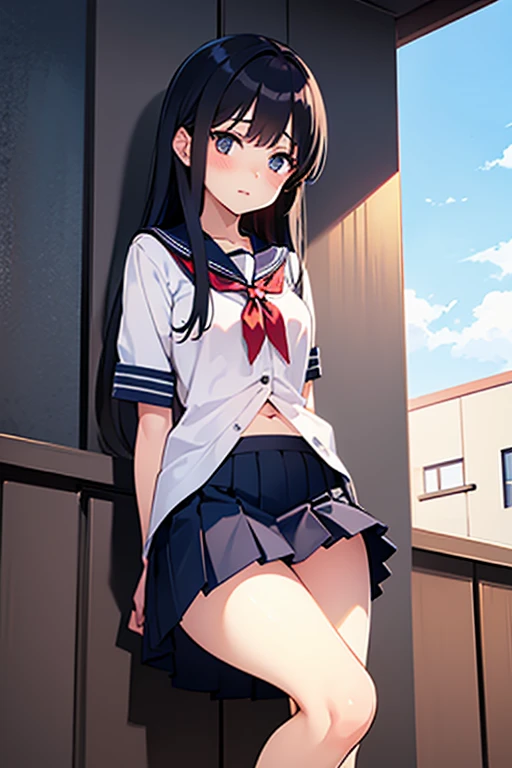 School swimming pool Elementary school girl, 8-year-old Large Breasts、 Black Hair, Long Hair, Purple eyes White upper body, Short-sleeved sailor uniform Navy blue mini skirt and white panties ((I can see her panties)) barefoot School swimming pool Standing by the pool Dynamic angle Low angle