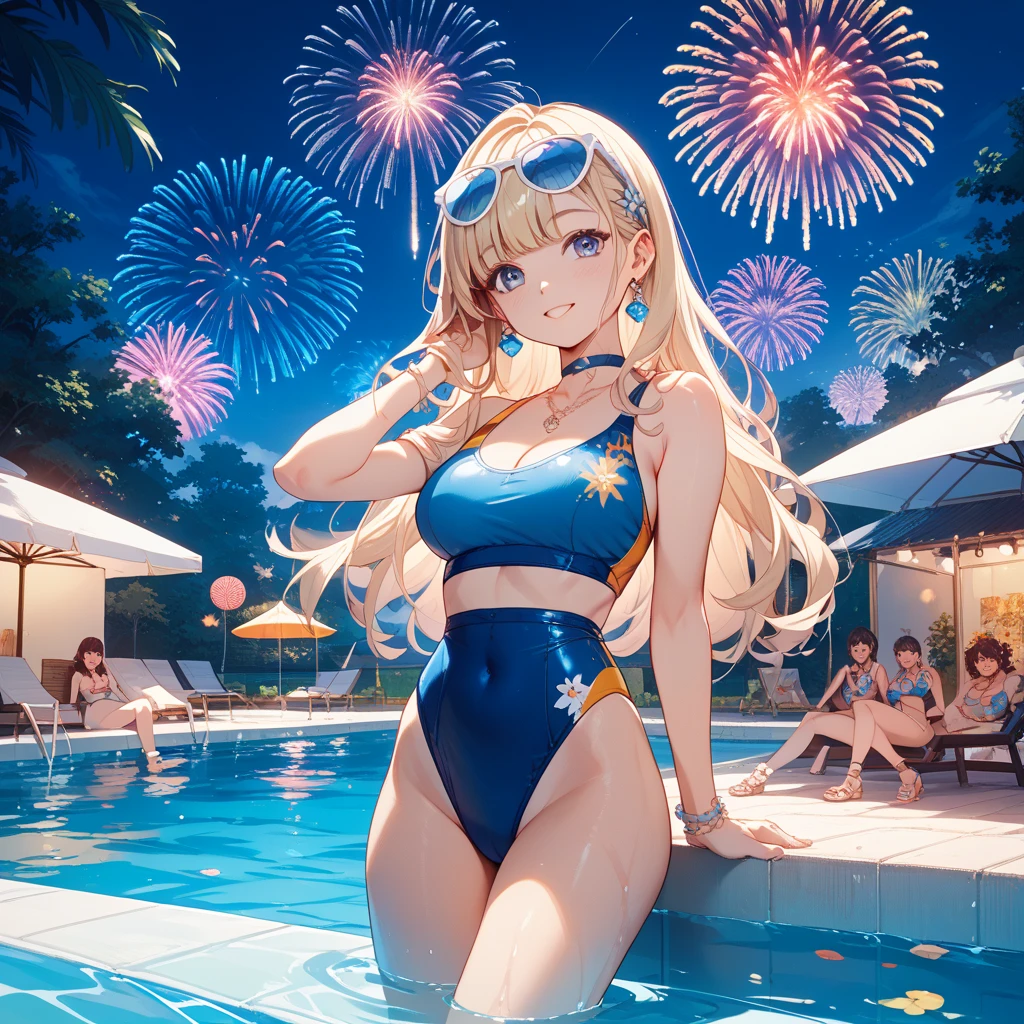 Beautiful and attractive women with fashion trends, whole body: 1.6, have flowers, random hairstyle, sitting on the edge of the ship, by boat, random color, Hair soaring in the wind, starry skies, firework、delicate sexy clavicle, cover chest, attractive face, double eyelid, Smart peach blossom eyes, pink lips, (upturned mid-chest、Non-drooping udder), bare shoulders, concentrated face, ultra high resolution, Super detailed, Ultra-thin translucent, fresh and good, (string bikini、Cameltoe), toned abdominal muscles、thin thin waist、big necklace、big hips、(blush:1.4)、Very happy expression、smile、long hair、see through nipples、small tattoo、(open your legs、open both knees slightly）、Beautiful navel piercing、