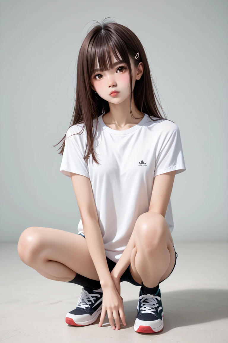 Japanese Beauty、Brown Hair、Highest quality、High-quality images、White T-shirt、Black mini skirt、Thighs、Panty shot、squat、White shorts are visible、Black Stockings