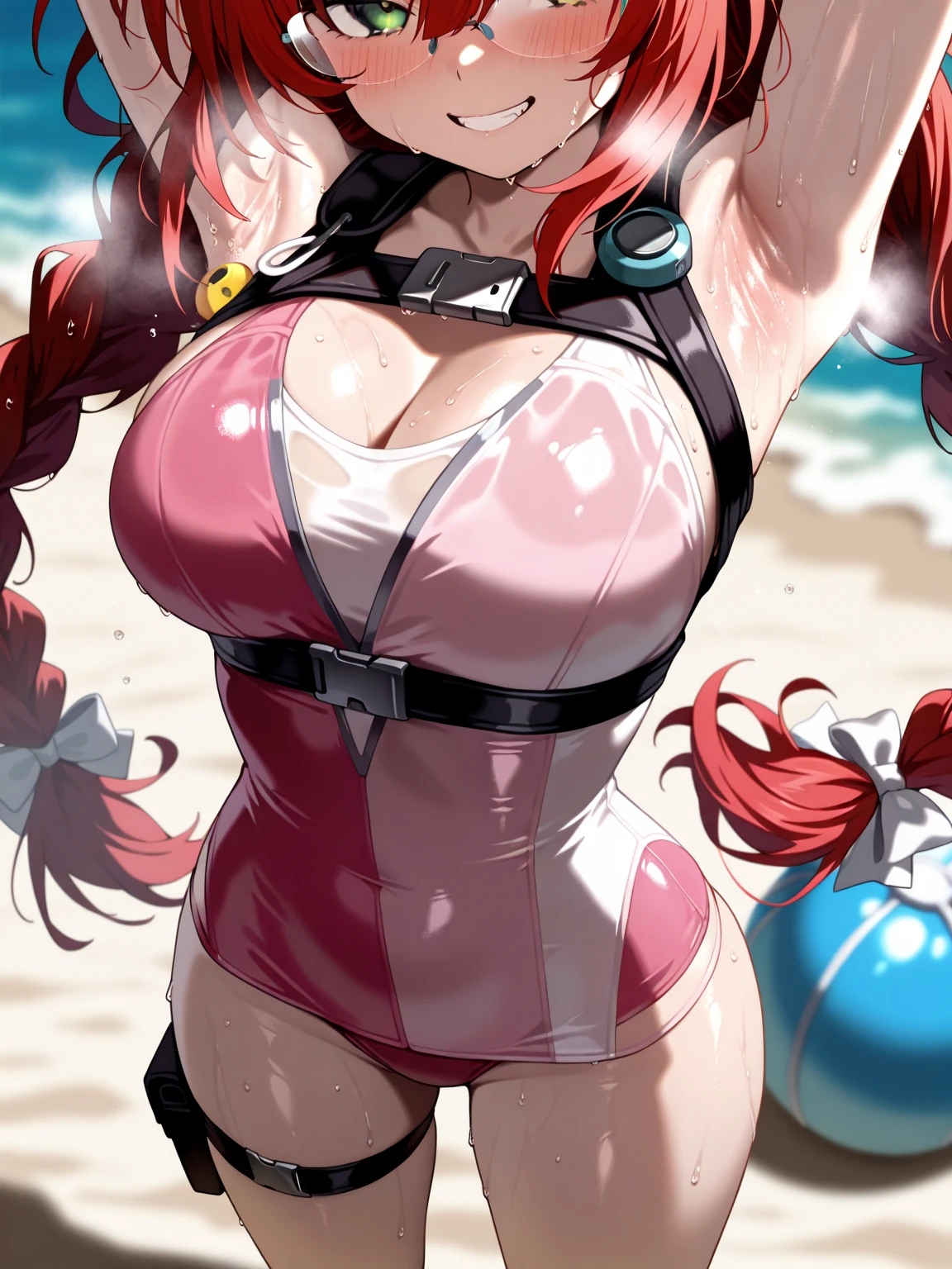 (masterpiece:1.2, best quality), 1lady, solo, upper body, huge breasts, (latex skin, selfie:1.15), (face focus:1.2), completely nude, breasts and vagina exposed,(darkskin:1.15), beach, (red hair, longhair), round earrings,