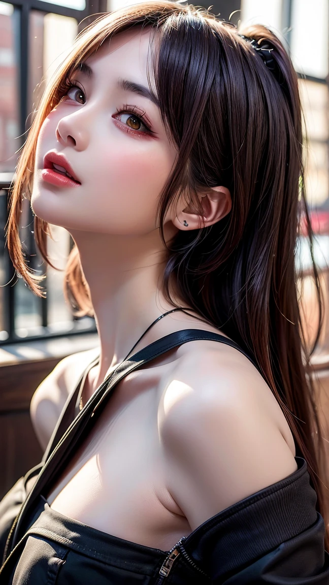 Urban beautiful girl college student, masterpiece, light makeup, Red lips, Silver Hair, Disheveled long hair, Street background, beautiful, elegant. Extremely fine detail, Master Works, Authentic texture, Realism in film lighting, Perfect job, 16k, High resolution, exquisite features,blue eyes、Japanese Idols、Beautiful face、Cute Smile、Brown Hair、beautiful hair、ponytail、glamorous、 Big Breasts、Erect nipples、Greasy muscle、Shiny skin、Sunburned skin、Shining black skin、Wearing a bra top and thong, Bright big eyes, Smooth skin, Earrings, necklace, tattoo