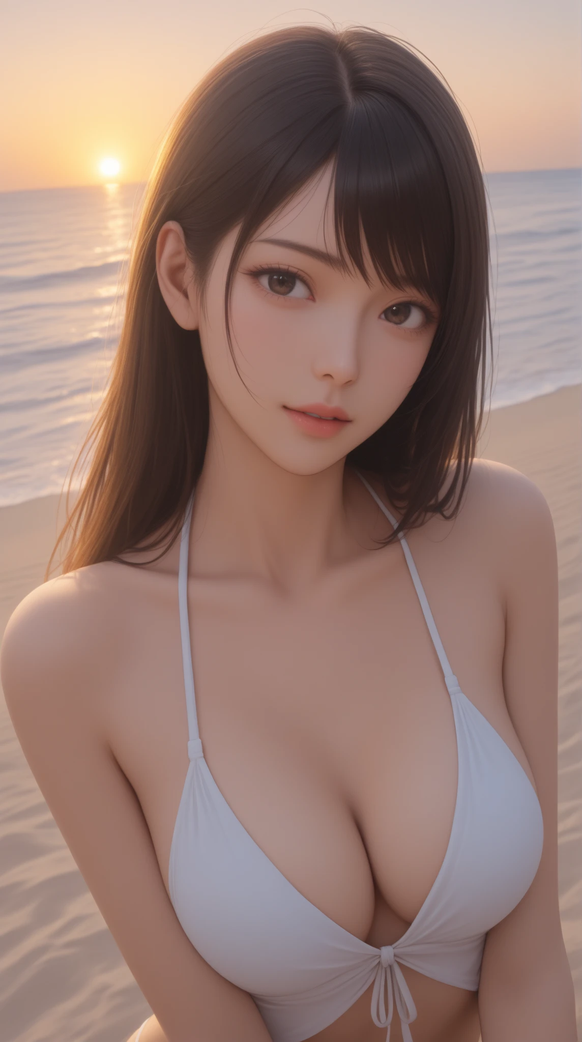 ((Best quality, 8k, Masterpiece :1.3)), 1girl, Pretty woman with emphasizing slender abs :1.3, (Dark brown hair, Ponytail, Huge breasts :1.2), Wet body:1.2, Pool, Ultra-detailed face, Detailed eyes, Double eyelid