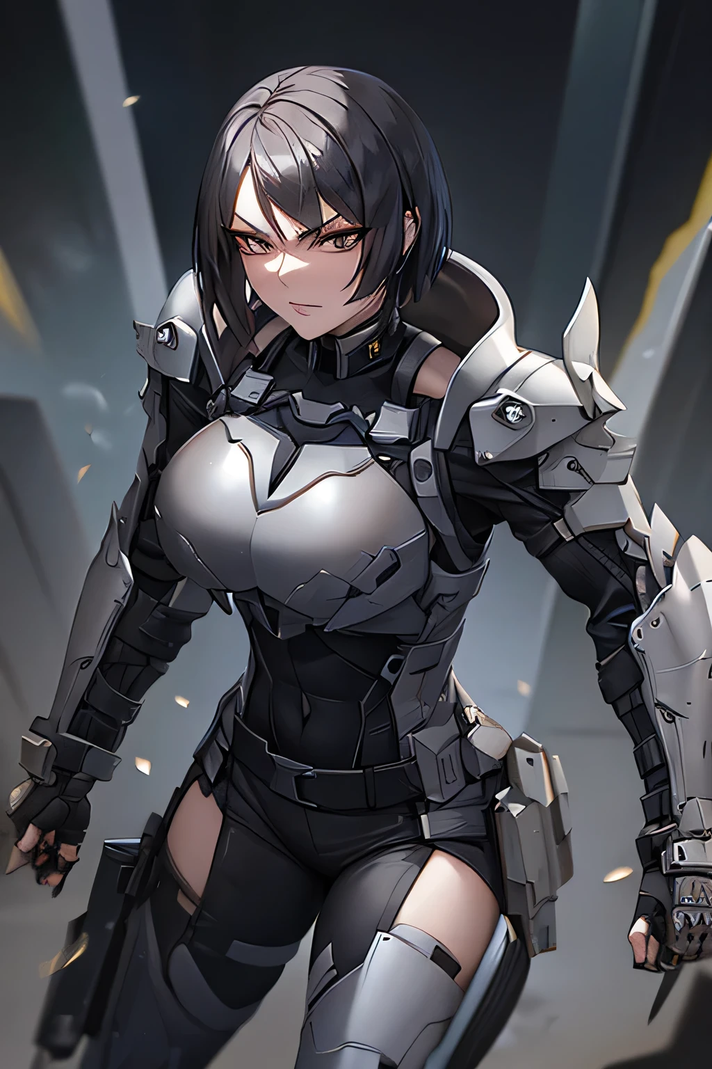 masterpiece,best quality,1girl,solo,mature female,(muscular:1.3),tall female,ozen,black eyes,two-tone hair,black hair,white hair,mecha musume,(shoulder armor,bodysuit, fortified suit, mechanical parts, robot joints,full armor,heavy armor,power armor),expressionless,standing,fog,wind,science fiction,outdoors,(cowboy shot),dutch angle,<lora:Concept-control tool-add_detail-CyberAIchemist:0.8>,<lora:mia_ozen:0.8>,<lora:Clothing-Mecha Musume + Gundam + Mecha Slider-Lykon:0.6>,