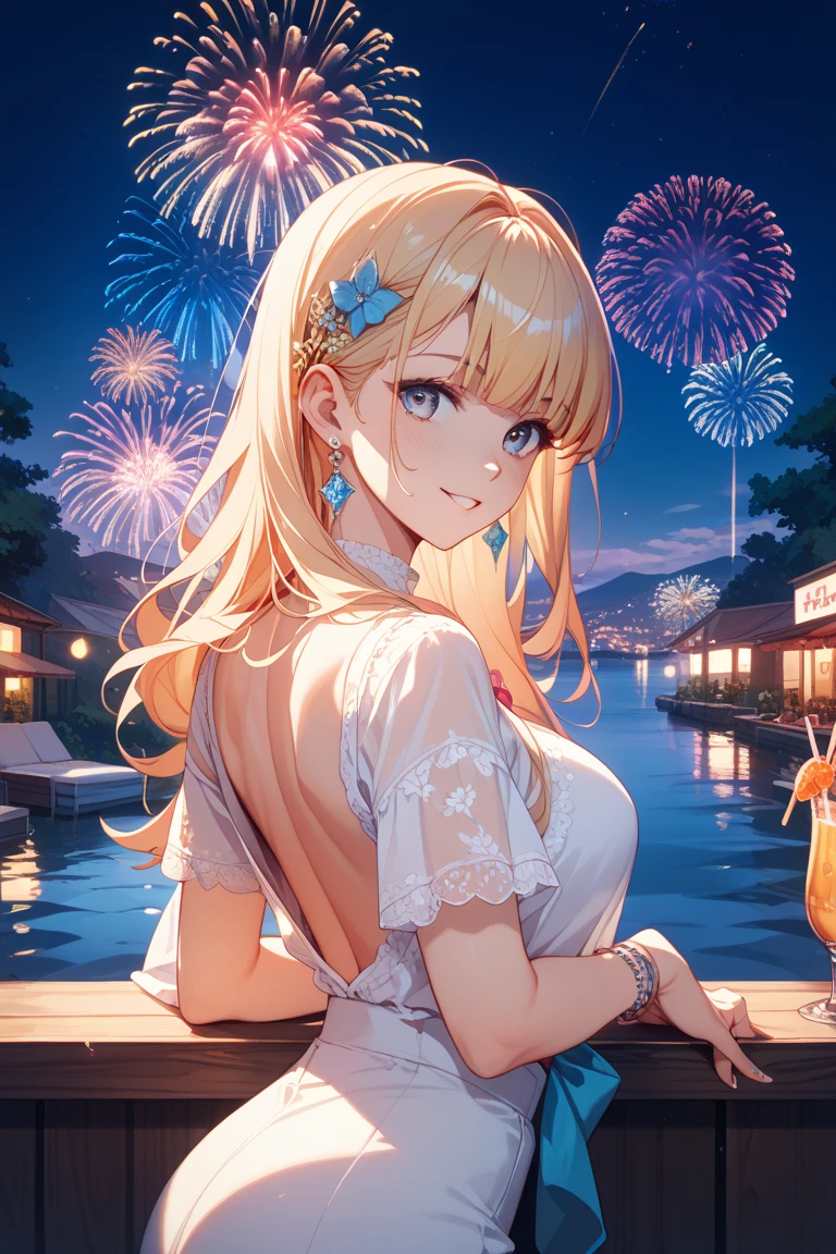 Cute woman, ((masterpiece: 1.4, best quality: 1.2)), smile, ultra-realistic, blue eyes, long hair, sitting on terrace, cocktail on table, see-through outfit, background is Monaco night view, fireworks , lighting like a movie, staring at me with passionate eyes