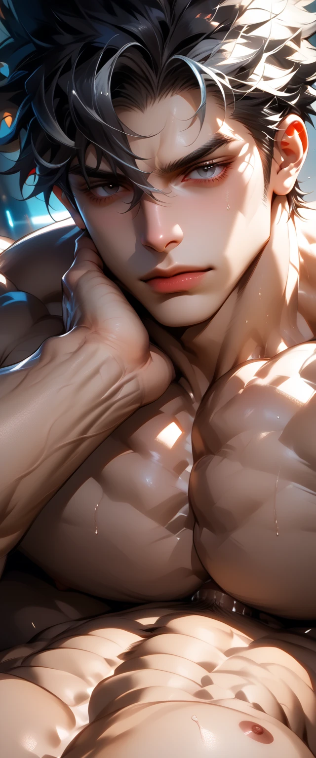 (Score _9, Score _8_climb), Score _7_climb,  Adult male, black hair ,  gray, text-highlighting , 1 boy, black eyes, Emotionless , climbper body, male Point of Interest, Point of Interest, big penis, big cock, chest , Out-of-frame , Reality , sexy young man ,  rock style  , Chin lift,  strong and large body ,  ischemic arm , muscle lump, (man male  (muscles, Big arms, big  chest , big pec,  big bicep muscle , fine muscle )