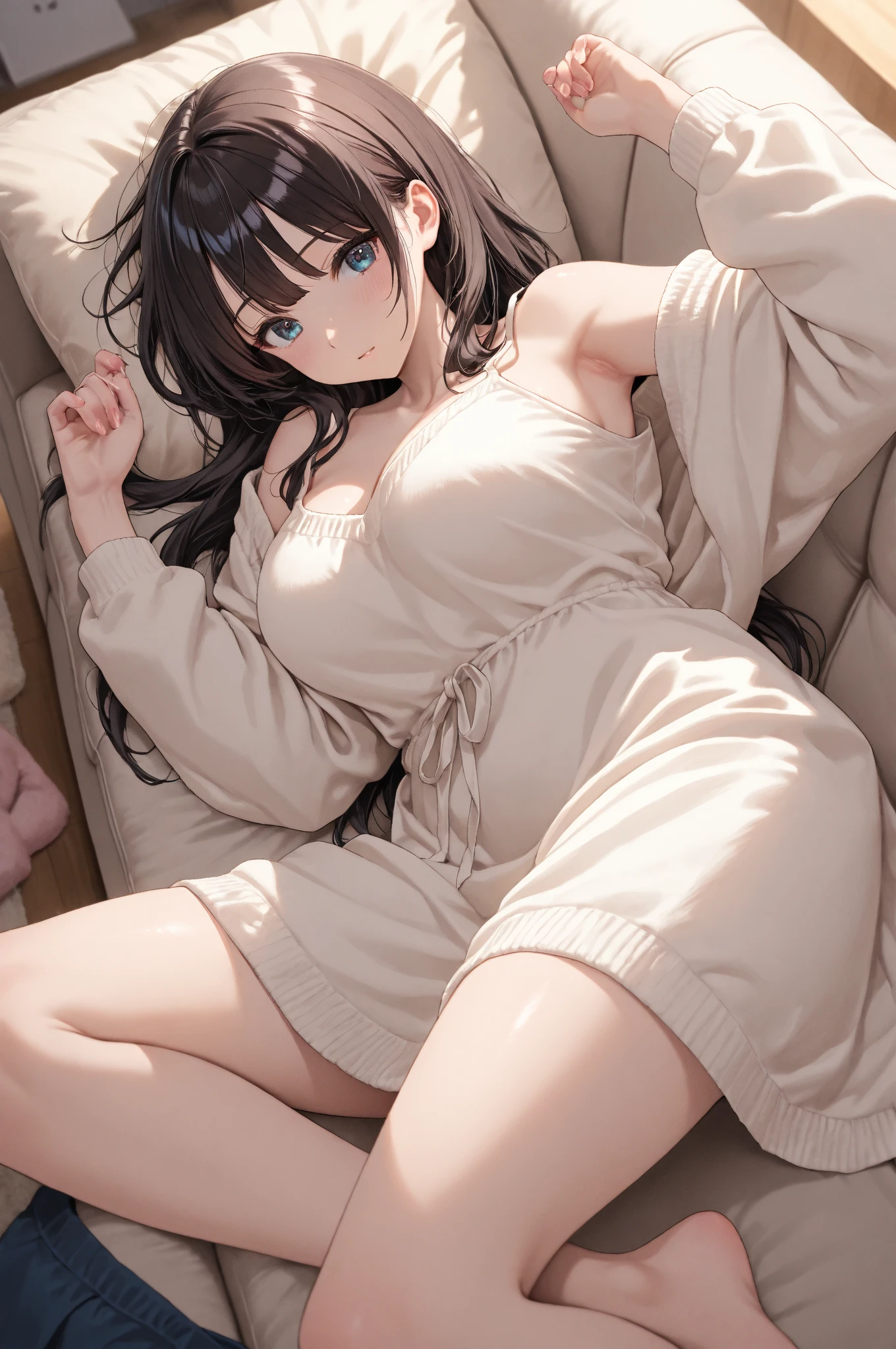 Highest Resolution,Highest quality,A beautiful girl wearing a gown bathrobe and holding a plastic bottle in her bedroom,underwear,Full body close-up,white bathrobe gown,Sit on the bed,