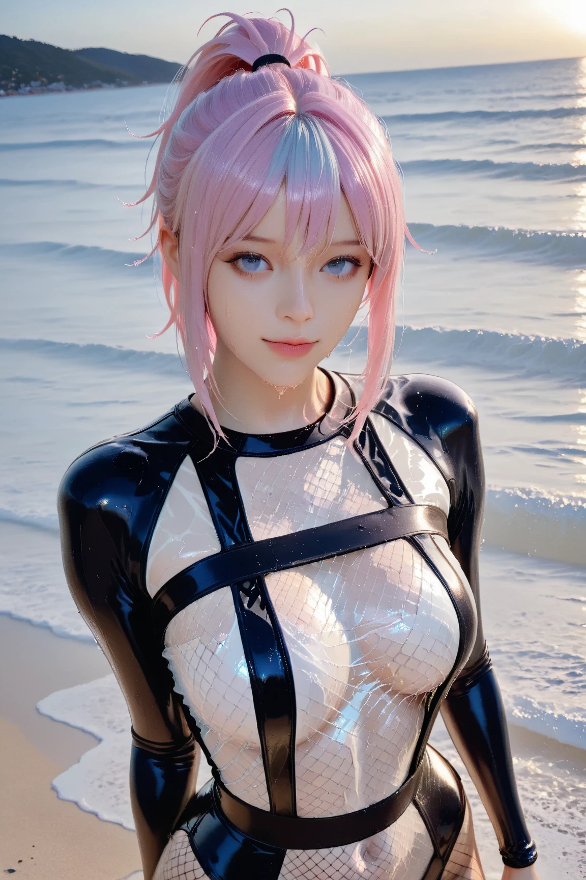 (8K, top-quality, masterpiece:1.2), (reallistic, Photorealsitic:1.37), Super Detail, One girl,), (Highly detailed), (beautifully detailed eyes), (of the highest quality), (super detailed ), (masterpiece), (Detailed face),20yr old, ,1 girl, ((pink hair,long hair)), medium breasts, clothed, Perfect Lighting, BREAK, (elegant navy blue:1.3), (glossy school swimsuit likes bodysuit:1.5), (white piping:1.4), (sophisticated design:1.3), (square neckline:1.2), (small delicate ribbon:1.2), (high-cut legs:1.3), (seamless fit:1.2), (frilly details:1.1), (gold accessories:1.1), (subtle pearl earrings:1.1), (ankle strap heels:1.1), BREAK, (sexy breasts pose:1.3), (pink hair:1.2), (long hair:1.2), (smile:1.3), (upper body to thighs:1.3), (beach background:1.4), (blue sea and sky:1.2), (bright lighting:1.2)



