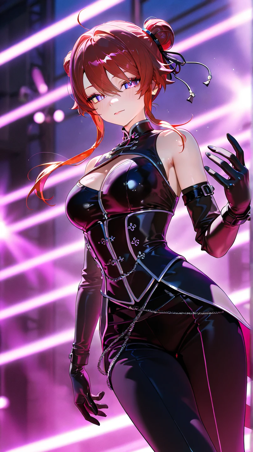 A girl with red cat ears, red hair, ponytail, she is wearing a red strapless dress that leaves her thighs and legs and feet exposed, full body, she has her arms half open, her wrists are handcuffed and chained by a metal chain that connects to a steel collar that is around her neck, in a high-class ballroom, there are men in suits in the background and an audience in the background, she is wearing red gloves that go from her hands to half of her arms, she is worried, anxious, barefoot, her hands are half open, open mouth, fear, standing