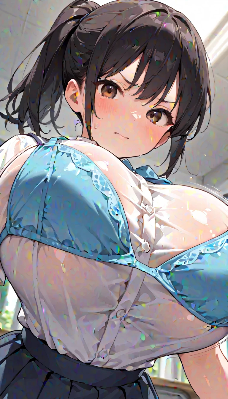 (best quality), (very aesthetic), (ultra-detailed), (best illustration), 1 girl, Solo, fine texture, black hair, long ponytail hair, (huge breasts1.2), light brown eyes, micro Bikini, (Bikini Maid1.2), VIP room, sharp look, nose blush