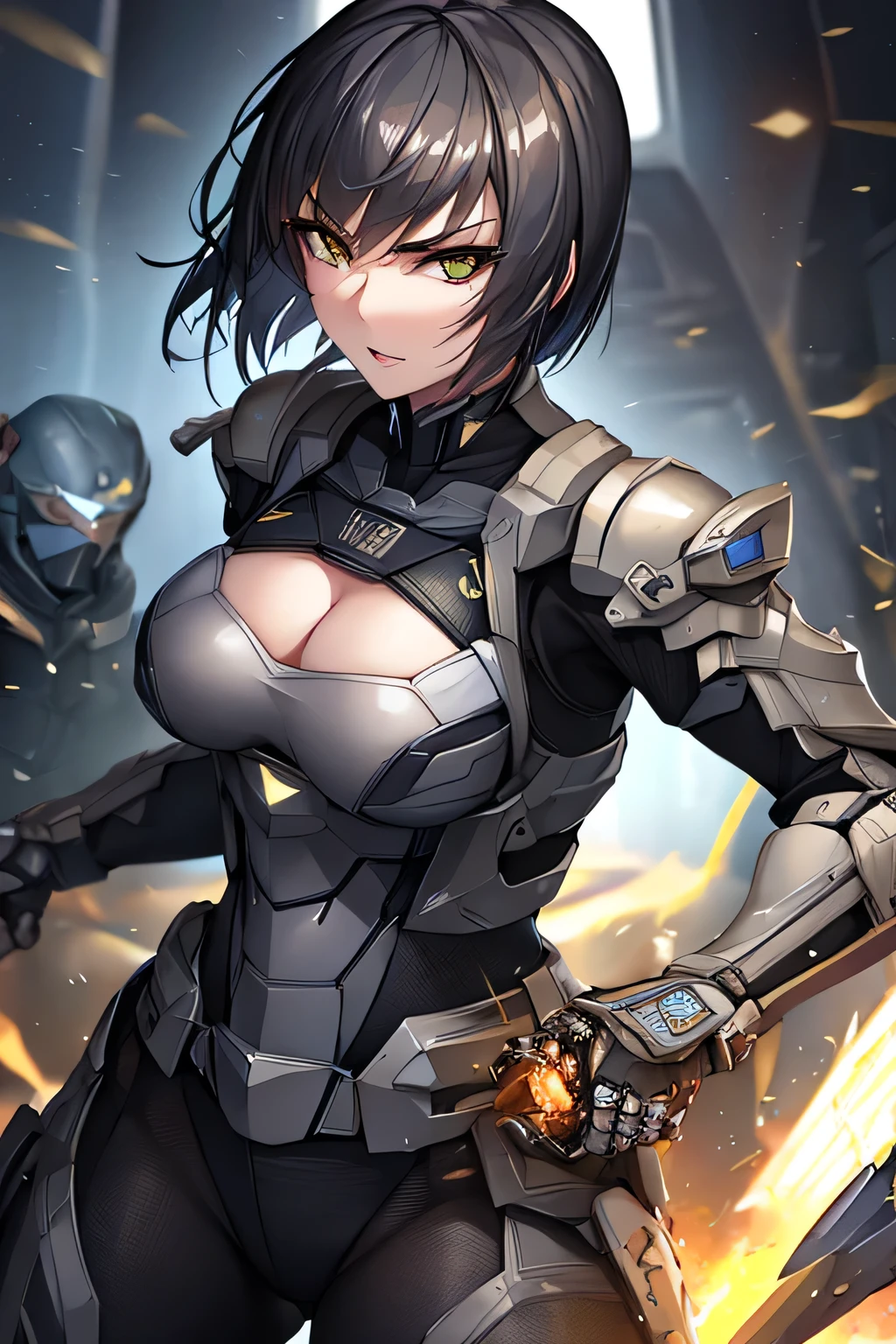 nsfw, anime screencap, 16K, perfect anatomy proportion body, action, A dynamic composition with a sense of speed and movement, (Fire an assault rifle:1.6), a wife, 40age, perfect beautiful delicate sexy face, perfect beautiful delicate eyes, brown hair, short bob hair, gigantic tits, abs, An elaborate heavy armored full armor powered suit made of chain mail, Many chainmail-clad, heavily armored robot soldiers engaged in a firefight in the background., Flying bullets, Desert Battlefield, war, Post-apocalyptic,