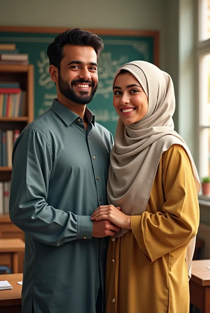 Handsome, muscular latin american man in rolled up shirt looking lovingly at his sweetheart, a beautiful middle eastern woman in hijab who is watering flowers in the garden
