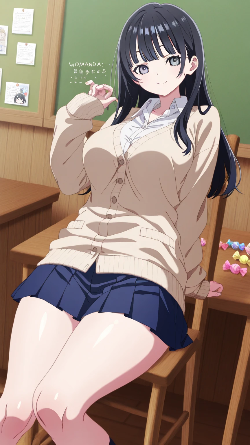 (masterpiece, highest quality: 1.2), alone, 1 girl, alone, panties，，blush，Sailor suit，blazer，your heather, smile, Mouth closed, View your viewers, Long black hair, head band,  Earrings, Big Breasts, Medium Waist, Medium Hips, wide thighs, Embarrassing, Charm, smiling with her Mouth closed, Good move.., Excellent anatomy,panties，classroom，，Sailor suit，blazer，skirt， (((skirtめくり, I can see your pants)))，Spread your legs，