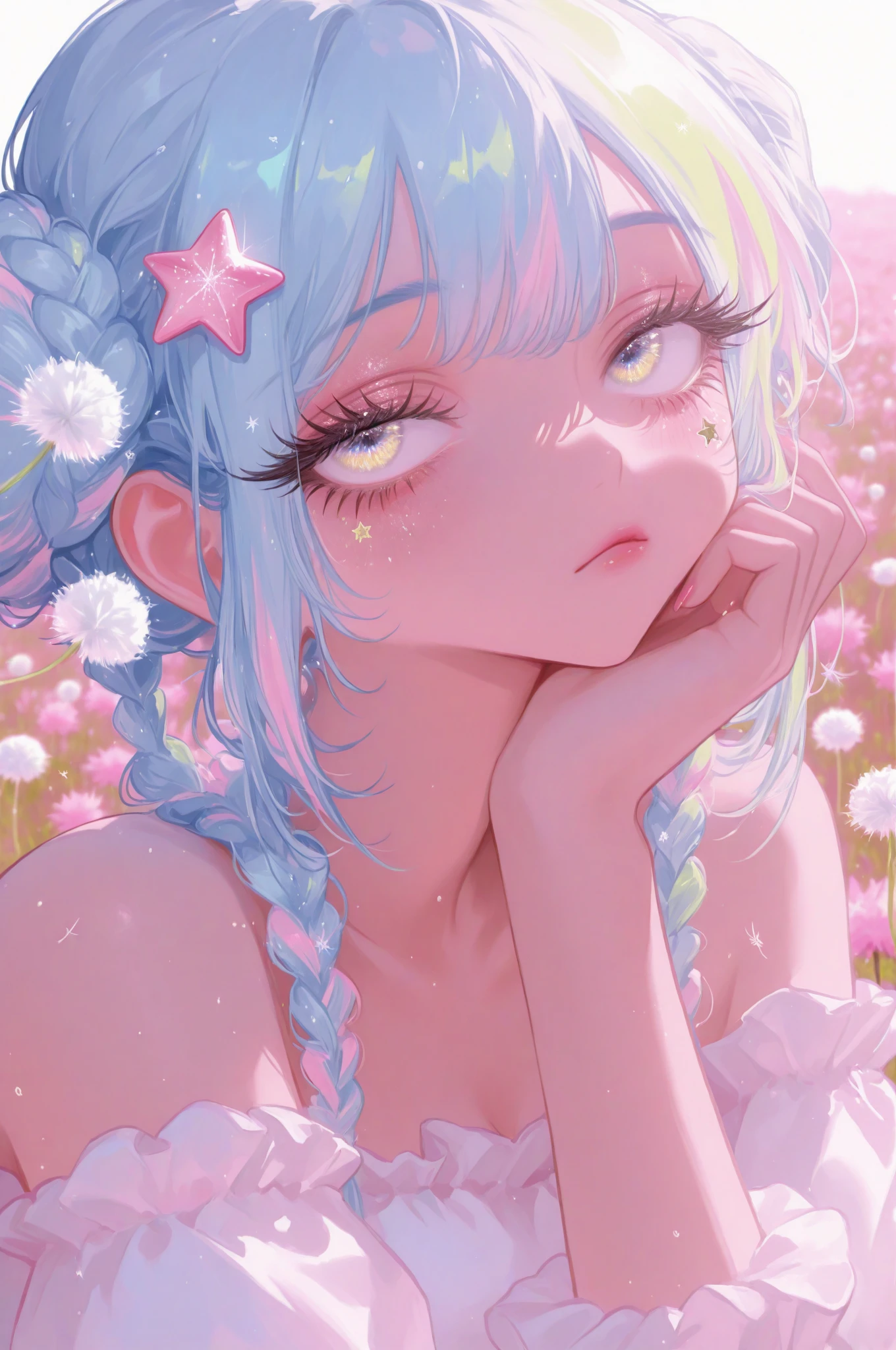 woman with blue braided bun hair,big eyes,long eyelashes,pink star mark under left eye,white ruffle tube top,Dandelion Hair Ornament,Modest Pink Rouge,High Quality,cheek,nail,Bored Girl ,Ridiculous,masterpiece, 最High Quality, Colorful dandelion field