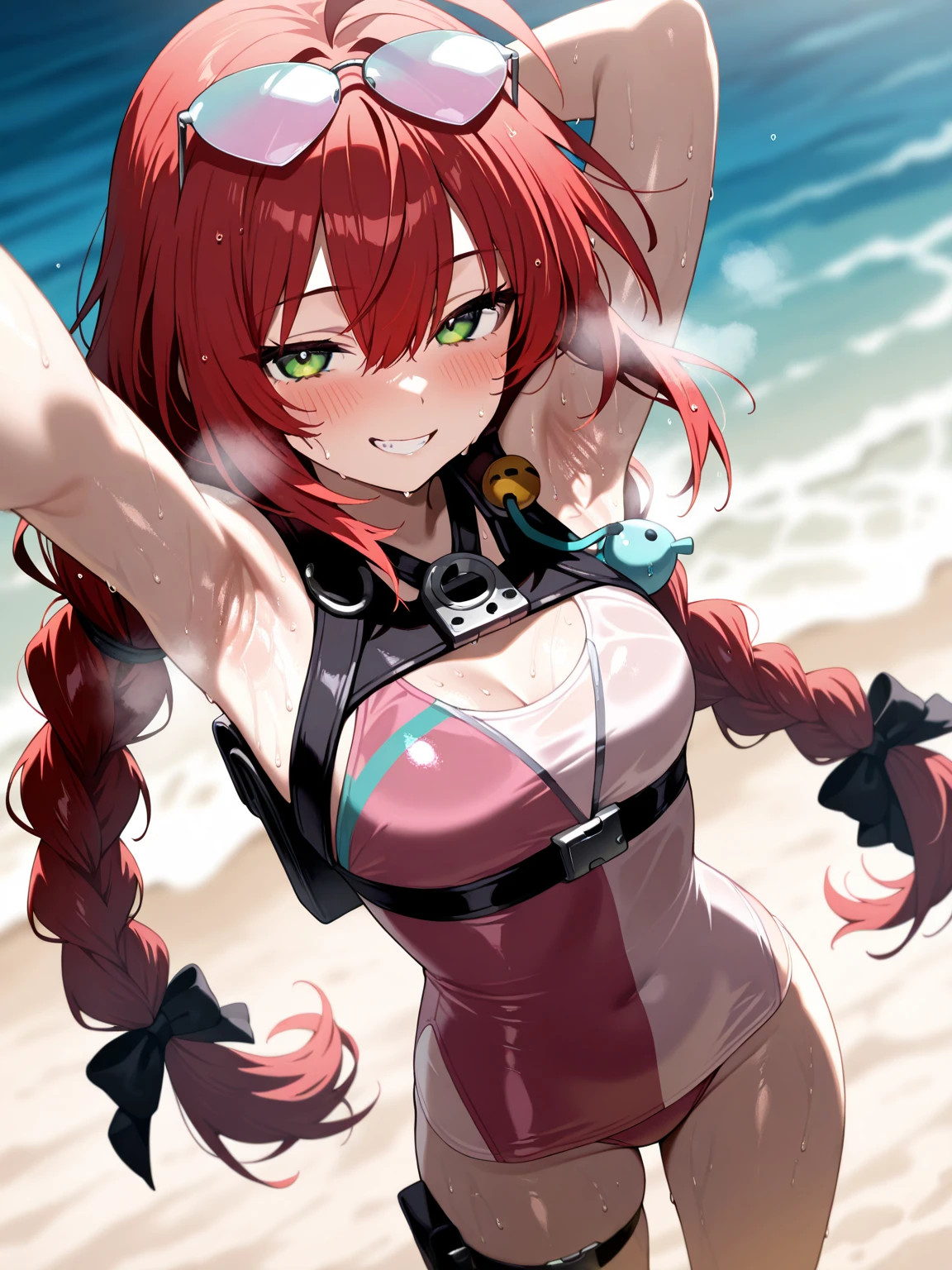 body,1girl,bikini:1, red hair, green eyes, horns