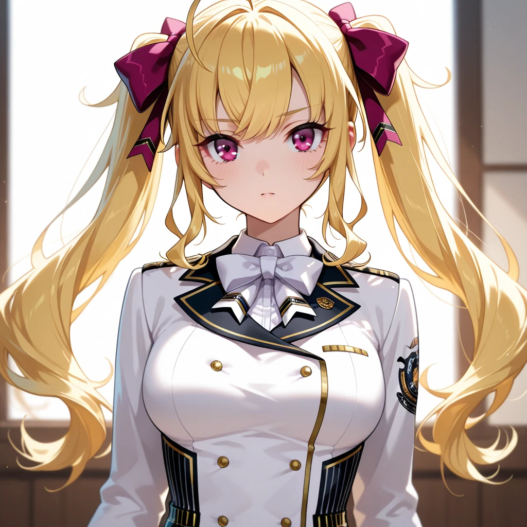 High detailed, 1 girl, solo, nonomi \(blue archive\), cyan eyes,brown hair,long hair, busty, chunky, yellow genetics's uniform, Juliet sleeves, deep cleavage, white skirt,pleated skirt, genetics's uniform, juliet sleeves, genetics's uniform, Serious expression