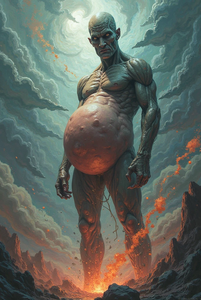 A lizard man with a full belly, muscular body, enormous belly (vore), vore, hand imprint on belly, moving belly. big bulge, illustration, (best quality, 4k, highres, masterpiece:1.2), ultra-detailed, realistic, horror, sharp focus, vivid colors, burping up an object, motion lines, nighttime, glowing eyes,