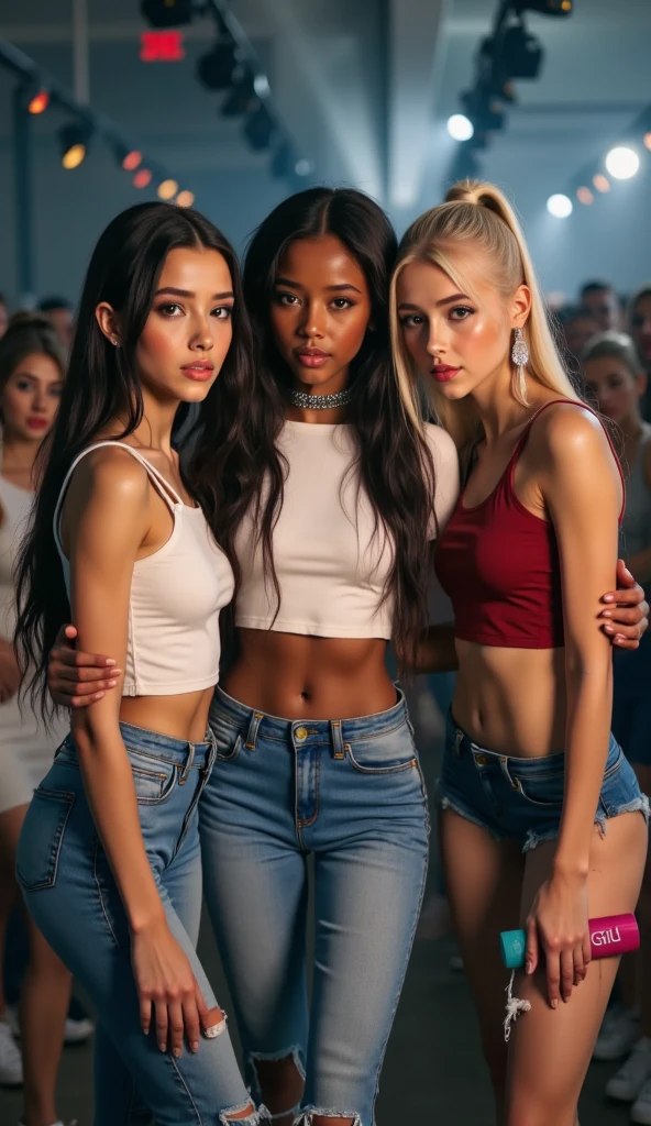 (best quality), (masterpiece:1.2), wide angle photo, full body photo, group photo, 5 young teen schoolgirls, 1 6years old, ypung faces, innocent faces, perfect ruby lips, smiling wistfully, diverse ethicities: ebony, black, white, nordic, indian, diverse hair colors: redhead, blonde, afro, twin braids, heavy freckles, pale skin, makeup, earings, crowded classroom, morning, school, crowd of people, casual clothes, unbottoned white shirt, nip slip, tight shirt, open jacket, sexy neckline, large neckline, 16k, photorealistic, real photo, nikon d800