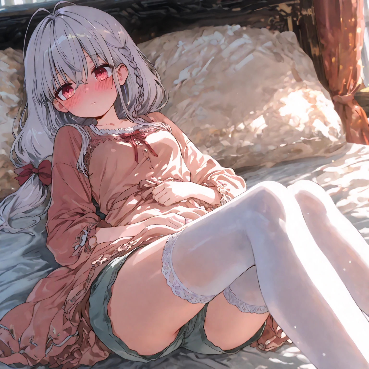 ((8K, Highest Quality, Masterpiece:1.3)), Ultra High Quality, (1 girl, 1 person), (Color changing eyes, Super detailed, Expressive glow, Sparkling eyes), Highly detailed eyes, Highly detailed face, Random hair, (Silver gray color), Revealing, Floral print volume sleeve blouse, High waist tiered skirt, Strappy sandals, Lace gloves, Pearl earrings, Rose pink lips, Long hair with soft curls, (Cute wet panties:1.3), (Ecstatic face:1.3), Lying on back, Angle from above, Pussy juice, White skin, (Balcony, Sunset:1.2), Fantastic light,