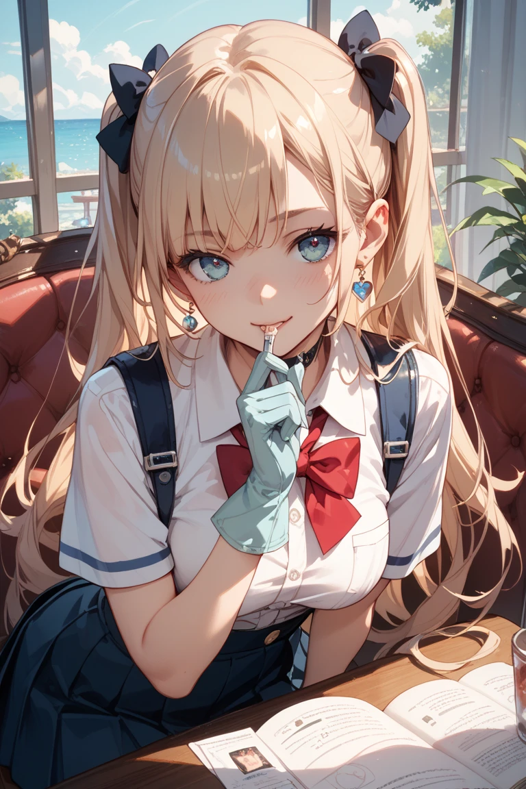 ((((Open your mouth))))、masterpiece,best quality,High resolution,8k, Very detailed,bb Festival,((((( Captivating smile ))))),blonde long hair, high ponytail, forehead, blue Shirt,Blue Skirt,(((( Perfect Fingers )))) , blue high socks,indoor,(Cafe:1.2),((Blowjob Gestures:1.5))、blue glasses, blue eyes, Open your mouth ,Sitting,Chair,Heavy breathing ,Hand in front of your mouth,(Black mask:1.2, mask pull:1.3)、Squint your eyes、Sharp Eye、((steam,sweat、Vulgarity)),(Late Night:1.8, Dark lighting:1.6, dark:1.8, Spotlight)、Heart-shaped pupils