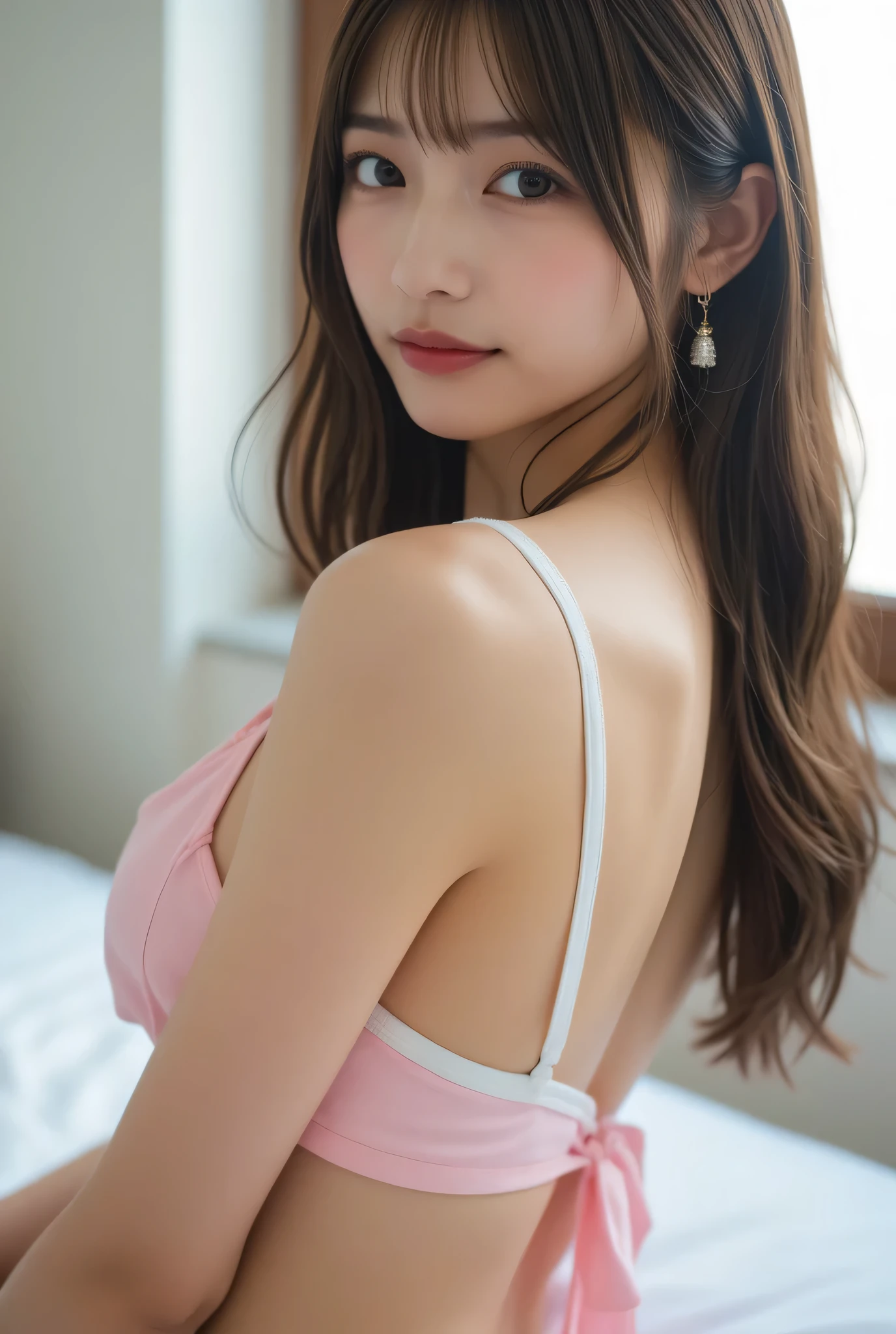 Highly detailed CG Unity 8k wallpaper, With the highest quality, super detailed, ​master piece, Realistic, photos realistic, extremely detailed cute girl, 25 years old, (negligee),  (blush) , Round eyes, Large breasts, looking viewer, Half body shot , bed ,　back shot