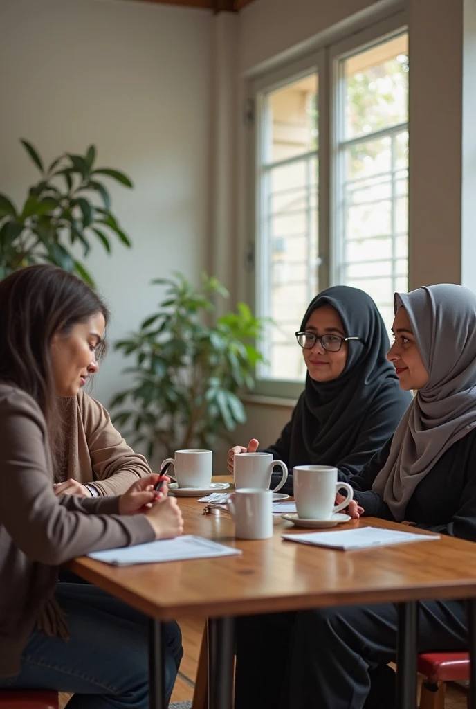 Create a muslim girls talking in a group with hidden faces in an office