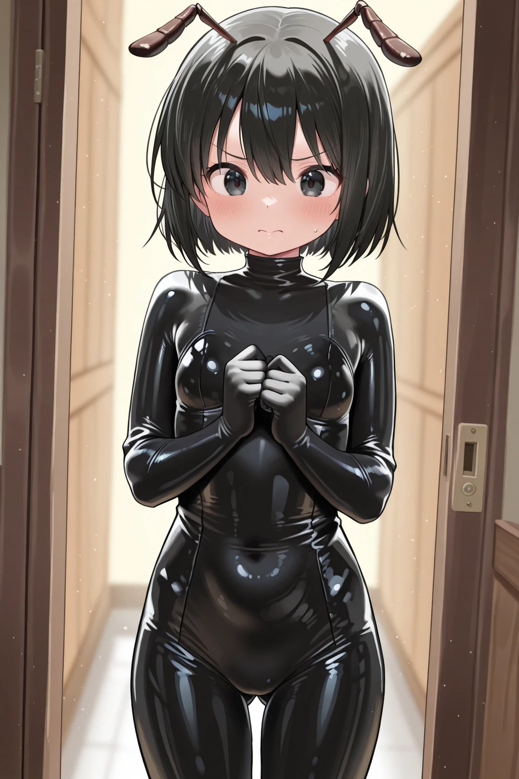 1 girl,back,girl being touched by an old man,((Black tight suit:1.4)),blush,tickles,Looks happy,smile,saliva,pleasure,shy,blue eyes,Sweat,black hair,short hair,