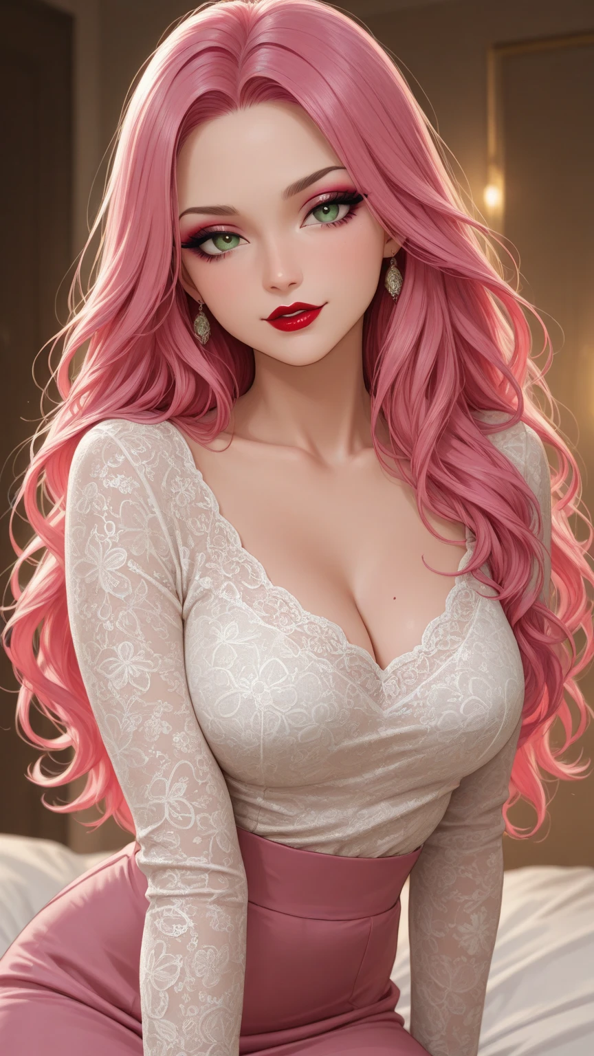 (ultra realistic,32k,RAW photo:1.1),(high detailed skin:1.1), 8k uhd, dslr, high quality, film grain,(makeup, mascara:1.1) ,lips,(thick\lips\),
(shiny glossy translucent clothing:1.1), <lora:junkoenoshima-lora-nochekaiser:0.7>junko enoshima, bear hair ornament, (blue eyes:0.75), long hair, pink hair, twintails, wavy hair,bow, bra, choker, cleavage, fingernails, lace trim, lace-trimmed bra, long fingernails, loose necktie, nail polish, necktie, plaid, plaid skirt, pleated skirt, skirt, underwear,  (huge breast:0.9),  <lora:add_detail:0.75>
Sitting with legs crossed, one hand on knee, 
 (busty:1.1) ,  (chubby:0.1),(Specular highlight backlight  :1.1),,<lora:LowRA:0.4>, dark theme, waterfall, misty spray, rocky cascades, natural beauty ,(glowing background  lights :1.1),