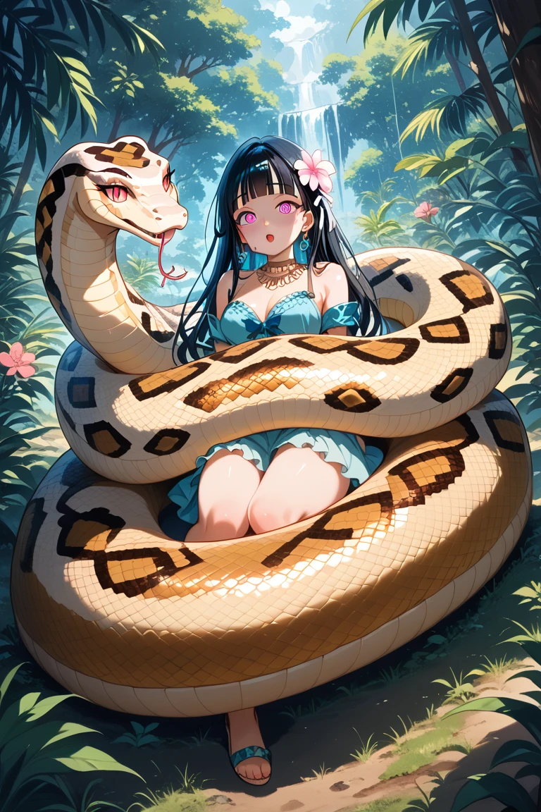  Happy Horny, aroused 1girl), beautiful kneeling Indian  young teen girl with  giant colossal black titanboa squeezing her hard, wrapped in thick spiraling coils, constricted, struggle, gasping for air, snake attack, snake peril, moonless night, dim light